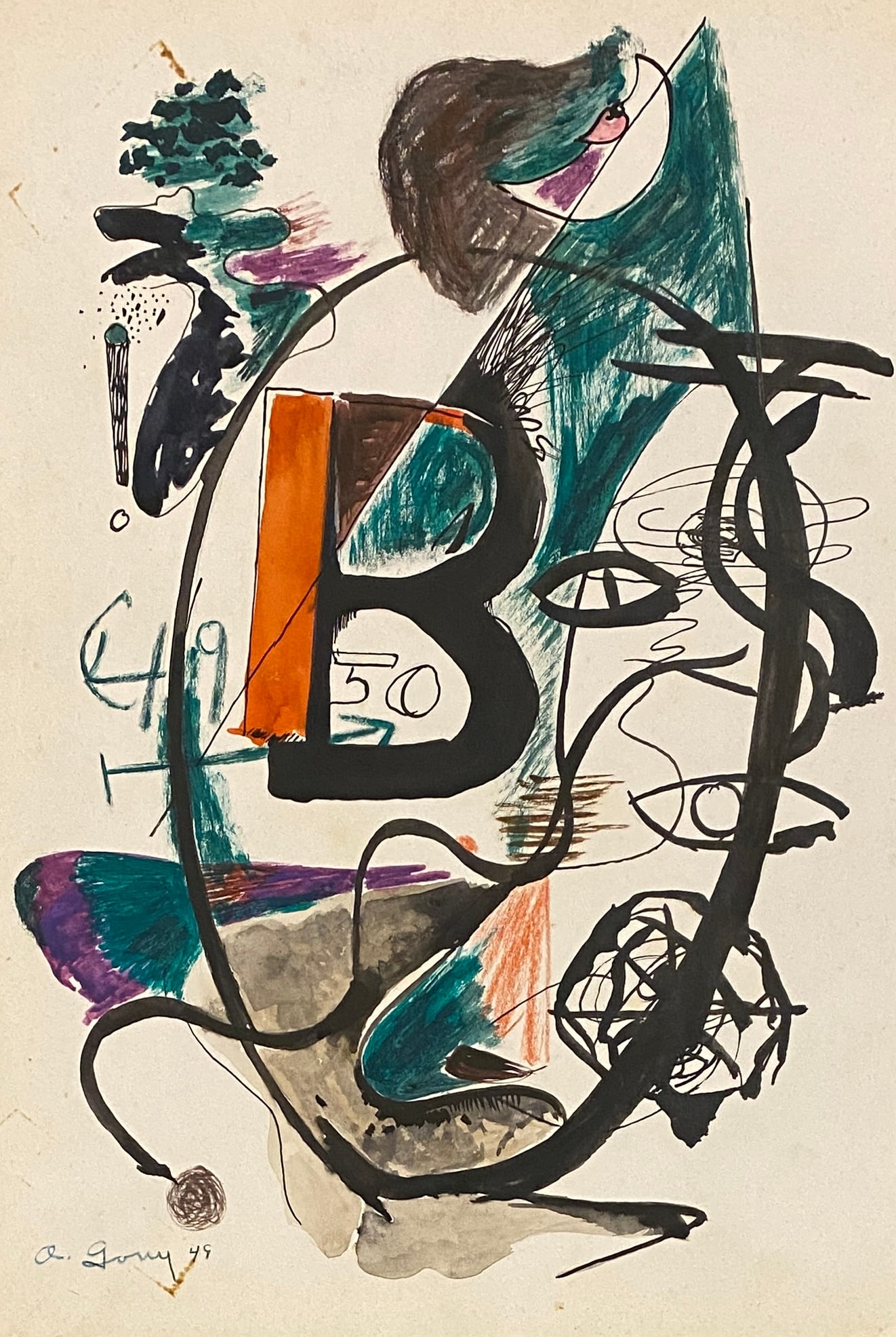 ARSHILE GORKY - Composition - Mixed media on paper (Style Of): This lot consists of a hand painted Composition - Mixed media on paper in the style of the painter ARSHILE GORKY.American painter of Armenian origin.He was born on April 15, 1904 in Khorkom, Armenia.I