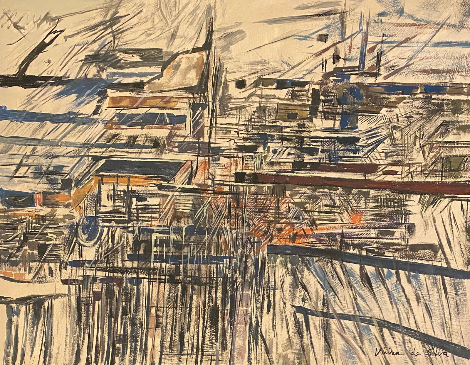 Maria Helena Vieira da Silva (Gouache on paper) style of: This lot consists of a hand painted Gouache on paper in the style of the painter María Helena Vieira da Silva. María Helena Vieira da Silva fue una pintora portuguesa. Tuvo que emigrar a Brasil dura