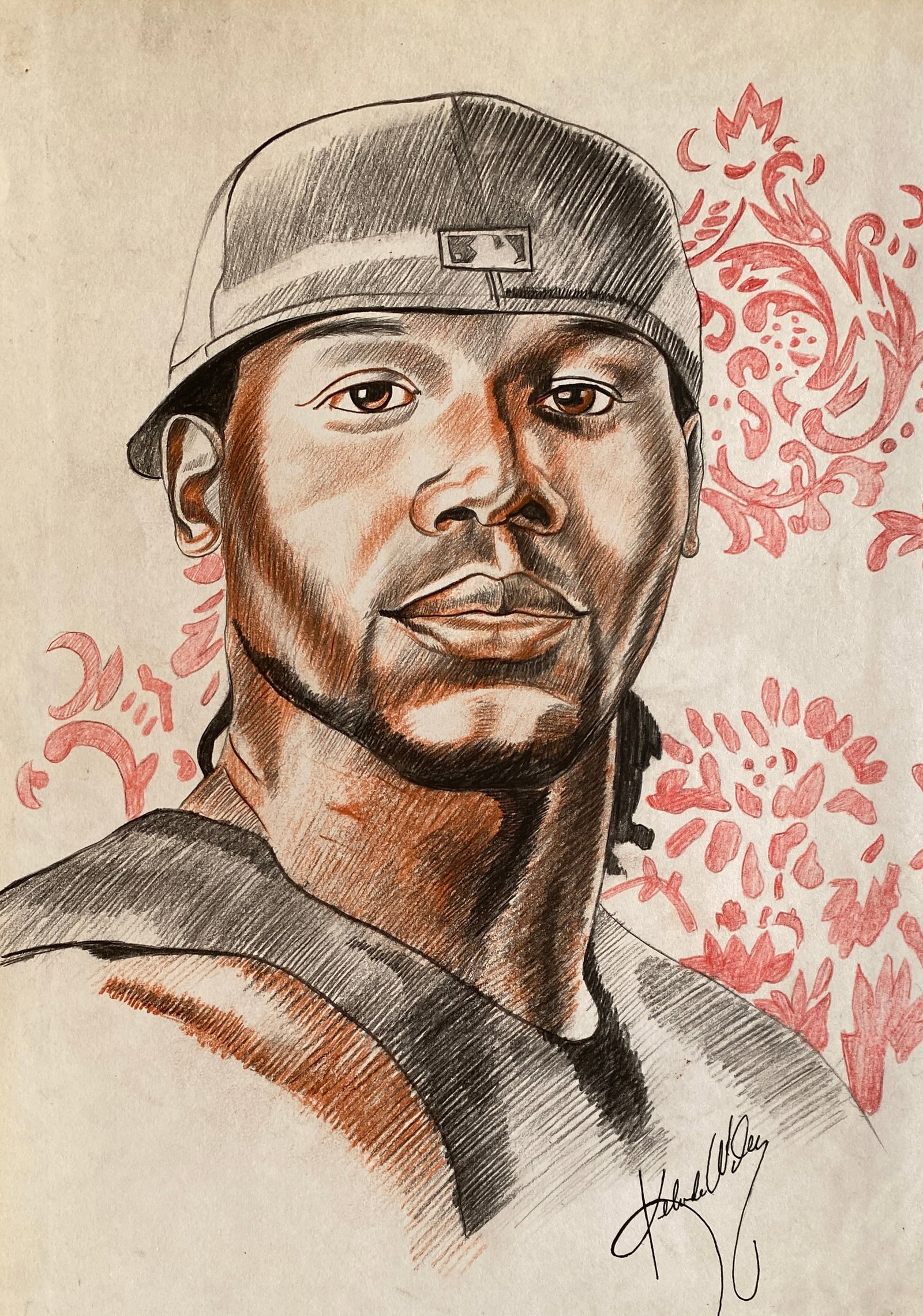 Kehinde Wiley American, Mixed media on paper (style of): This lot consists of a hand painted Mixed media on paper in the style of the painter Kehinde Wiley. Kehinde Wiley is an African-American portrait painter based in New York City, known for his highly n