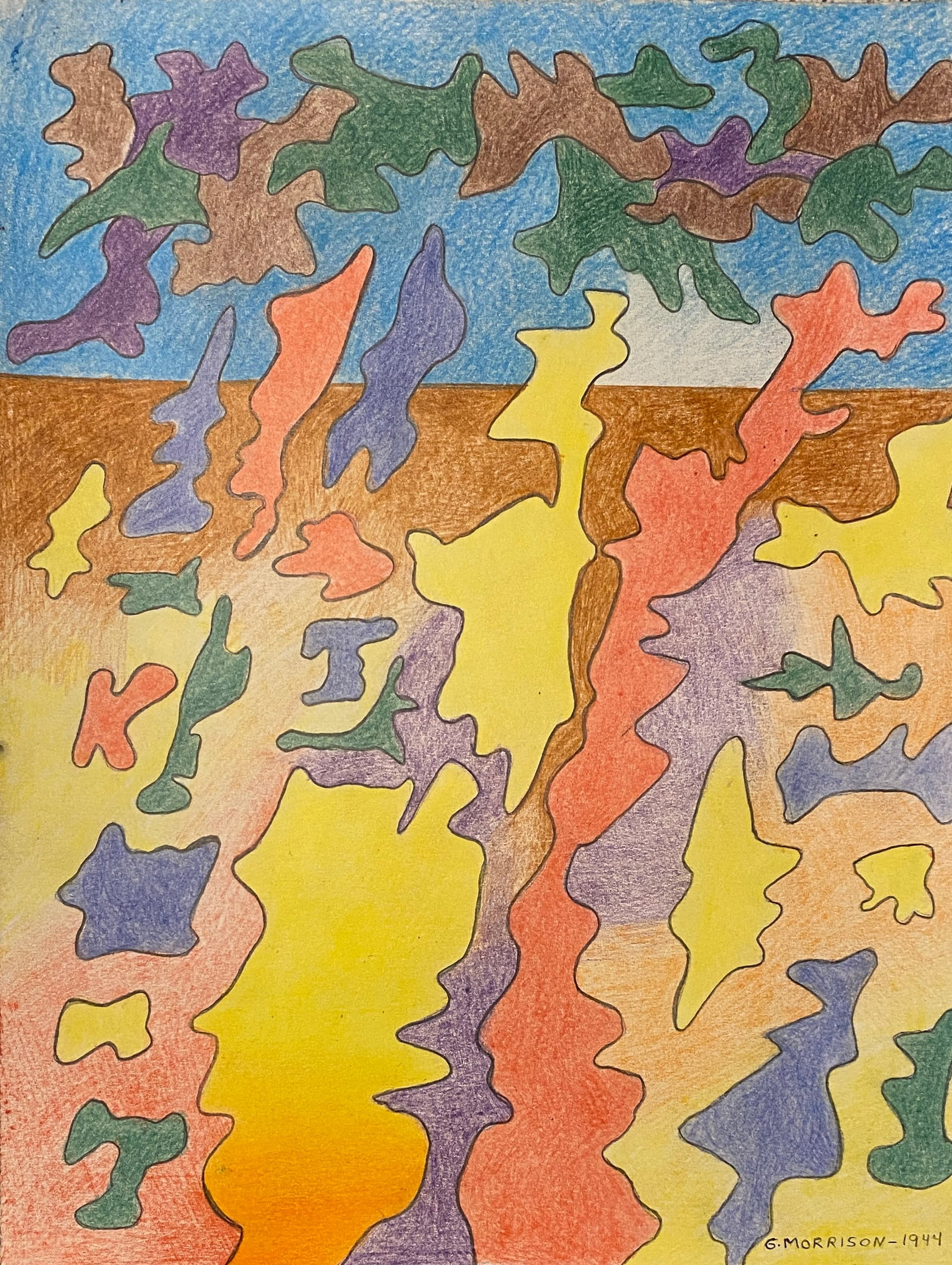 George Morrison Mixed Media On Paper Style Of: This lot consists of a Mixed Media on paper in the style of the painter George Morrison. George Morrison was an Ojibwe abstract painter and sculptor from Minnesota. His Ojibwe name was Wah Wah Teh Go 
