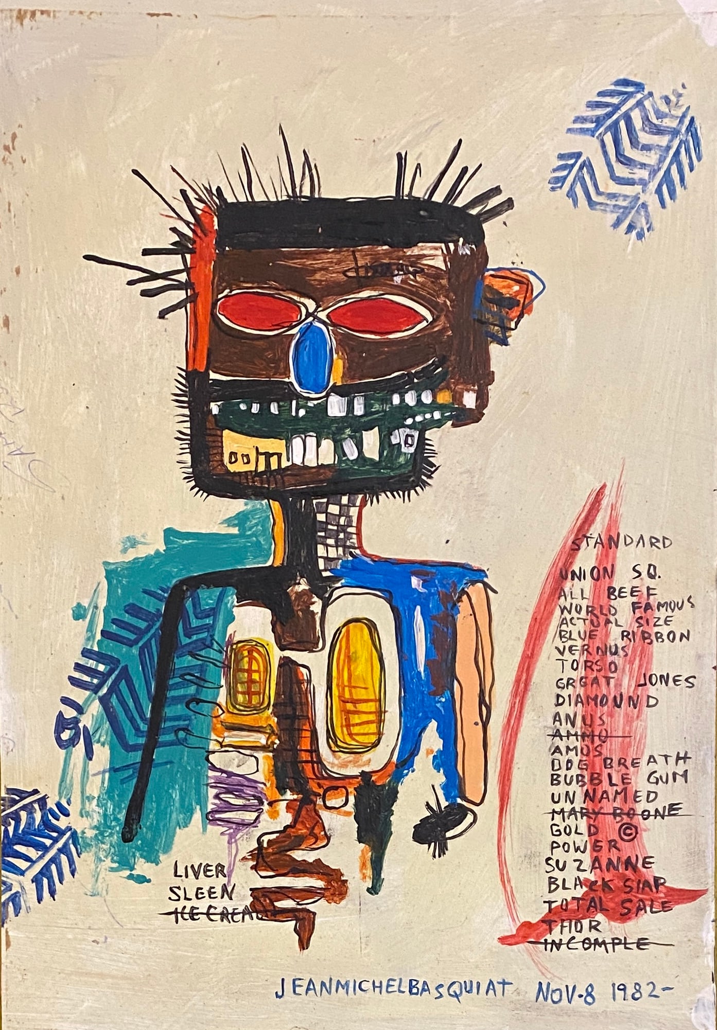 Jean Michel Basquiat American 1960 - 1988 Acrylic on cardboard Painting Haring Pop Art Style Of: This lot consists of a hand painted Acrylic on cardboard in the style of the painter Jean-Michel Basquiat.Jean-Michel Basquiat, also known as SAMO, was an American artist of Haitian and Puerto Rican d