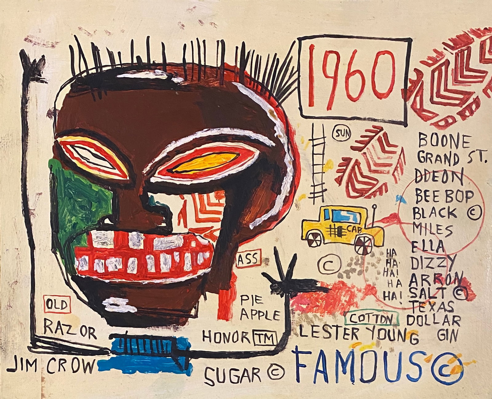 Jean Michel Basquiat American 1960 - 1988 Acrylic on cardboard Painting Haring Pop Art Style Of (1 of 2)