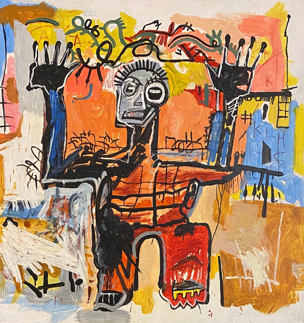 Jean Michel Basquiat American 1960 - 1988 Acrylic on cardboard Painting Haring Pop Art Style Of (1 of 2)
