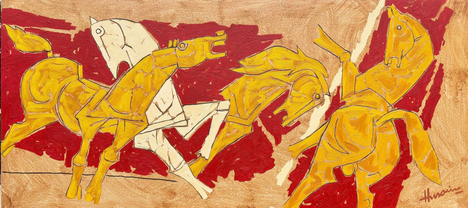 MAQBOOL FIDA HUSAIN (1913-2011) Style of: This lot consists of a hand painted on canvas in the style of the painter Maqbool Fida Husain.Maqbool Fida Husain was an Indian painter and filmmaker. In 2005, due to lawsuits against the content of h