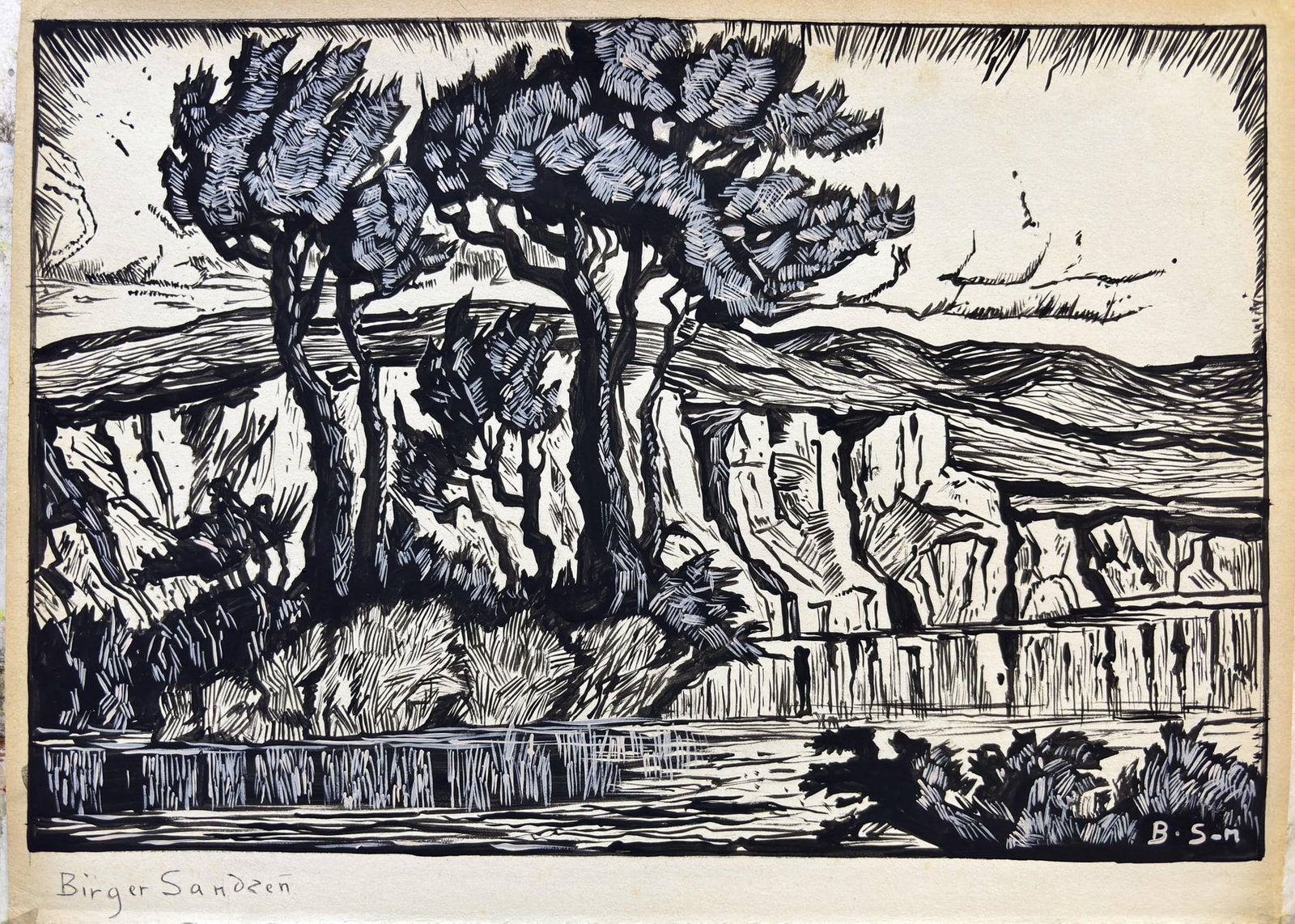 Birger Sandzen - Ink (Style Of): This lot consists of a hand painted on paper in the style of the painter Birger Sandzén.Sven Birger Sandzén, better known as Birger Sandzén, was a Swedish painter known for his landscapes. He produ