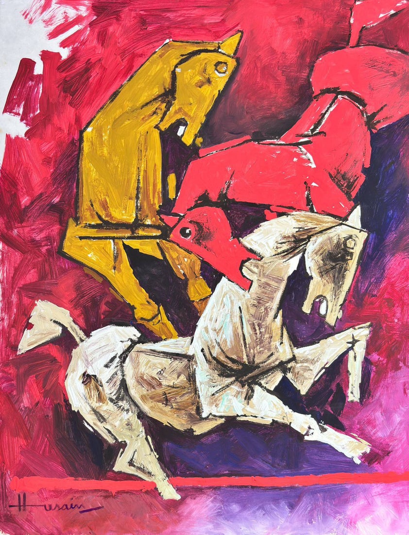 Maqbool Fida Husain Painting (Style of): This lot consists of a hand painted on paper in the style of the painter Maqbool Fida Husain.Maqbool Fida Husain was an Indian painter and filmmaker. In 2005, due to lawsuits against the content of hi