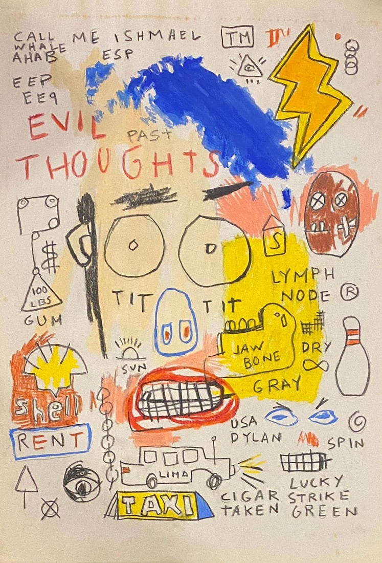 Jean Michel Basquiat American 1960 - 1988 Mixed Media on Paper Painting Haring Pop Art Style Of: This lot consists of a hand painted Mixed Media on paper in the style of the painter Jean-Michel Basquiat.Jean-Michel Basquiat, also known as SAMO, was an American artist of Haitian and Puerto Rican d
