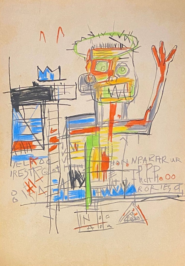Jean Michel Basquiat American 1960 - 1988 Mixed Media on Paper Painting Haring Pop Art Style Of: This lot consists of a hand painted Mixed Media on paper in the style of the painter Jean-Michel Basquiat.Jean-Michel Basquiat, also known as SAMO, was an American artist of Haitian and Puerto Rican d