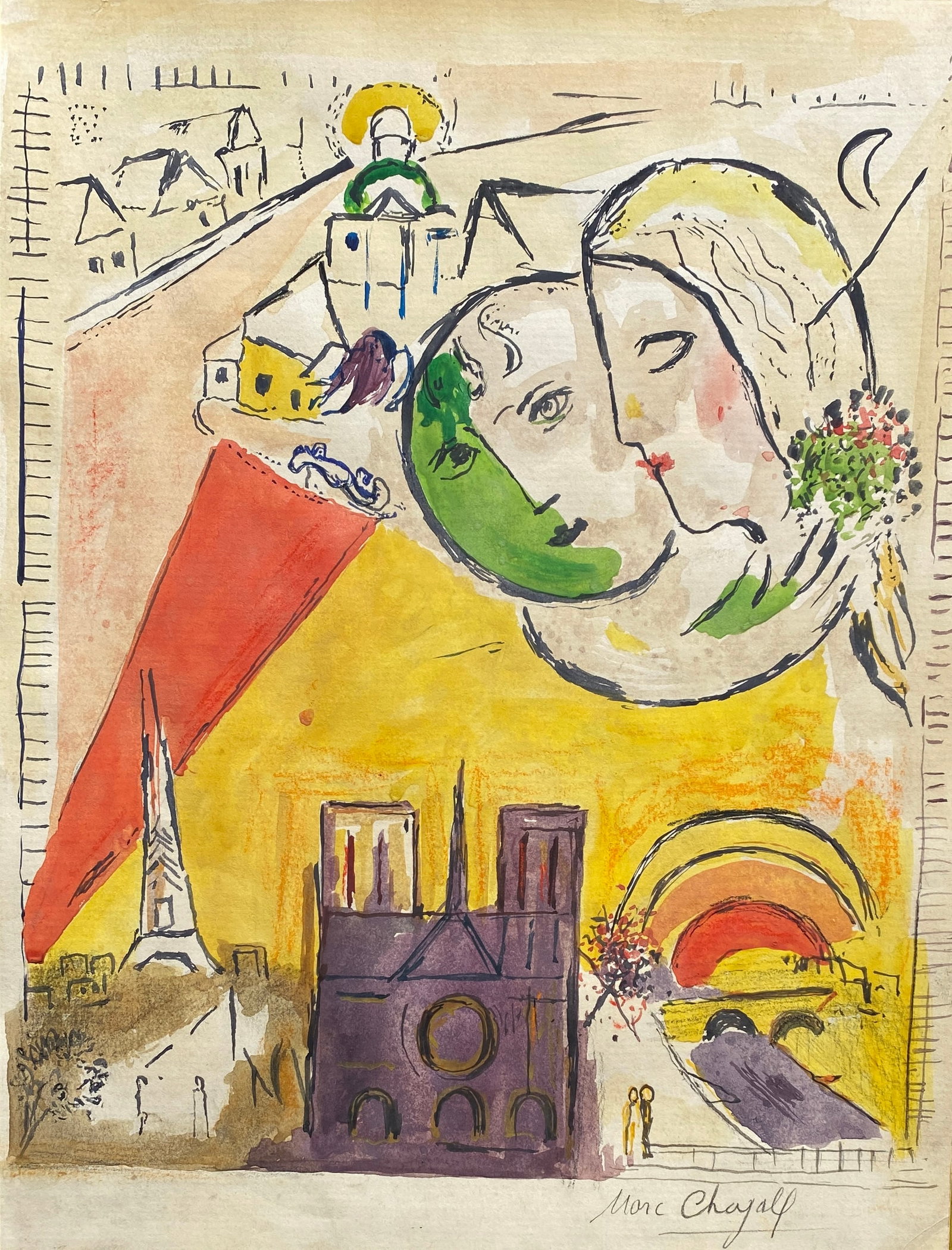 MARC CHAGALL (1887-1985) Style Of: This lot consists of a hand painted Oil on Paper in the style of the painter Marc Chagall. Marc Chagall, registered at birth as Moshe Segal or Movsha Játskelevich Shagálov; in Yiddish, ??????? ?????