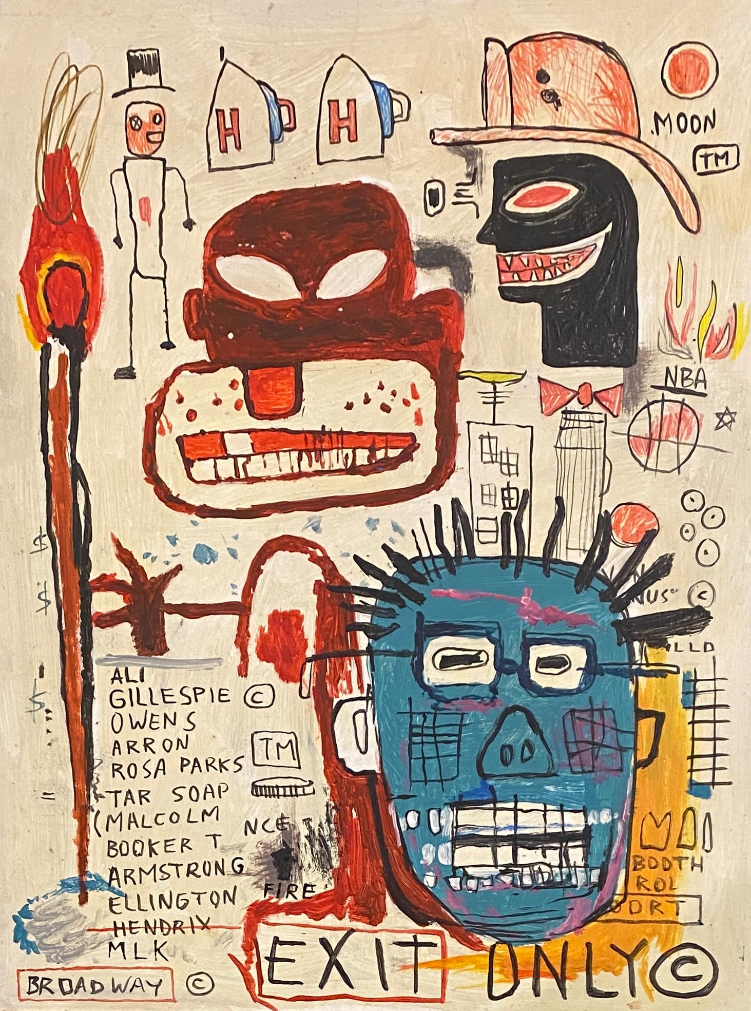 Jean Michel Basquiat American 1960 - 1988 Acrylic on cardboard Painting Haring Pop Art Style Of: This lot consists of a hand painted Acrylic on cardboard in the style of the painter Jean-Michel Basquiat.Jean-Michel Basquiat, also known as SAMO, was an American artist of Haitian and Puerto Rican d