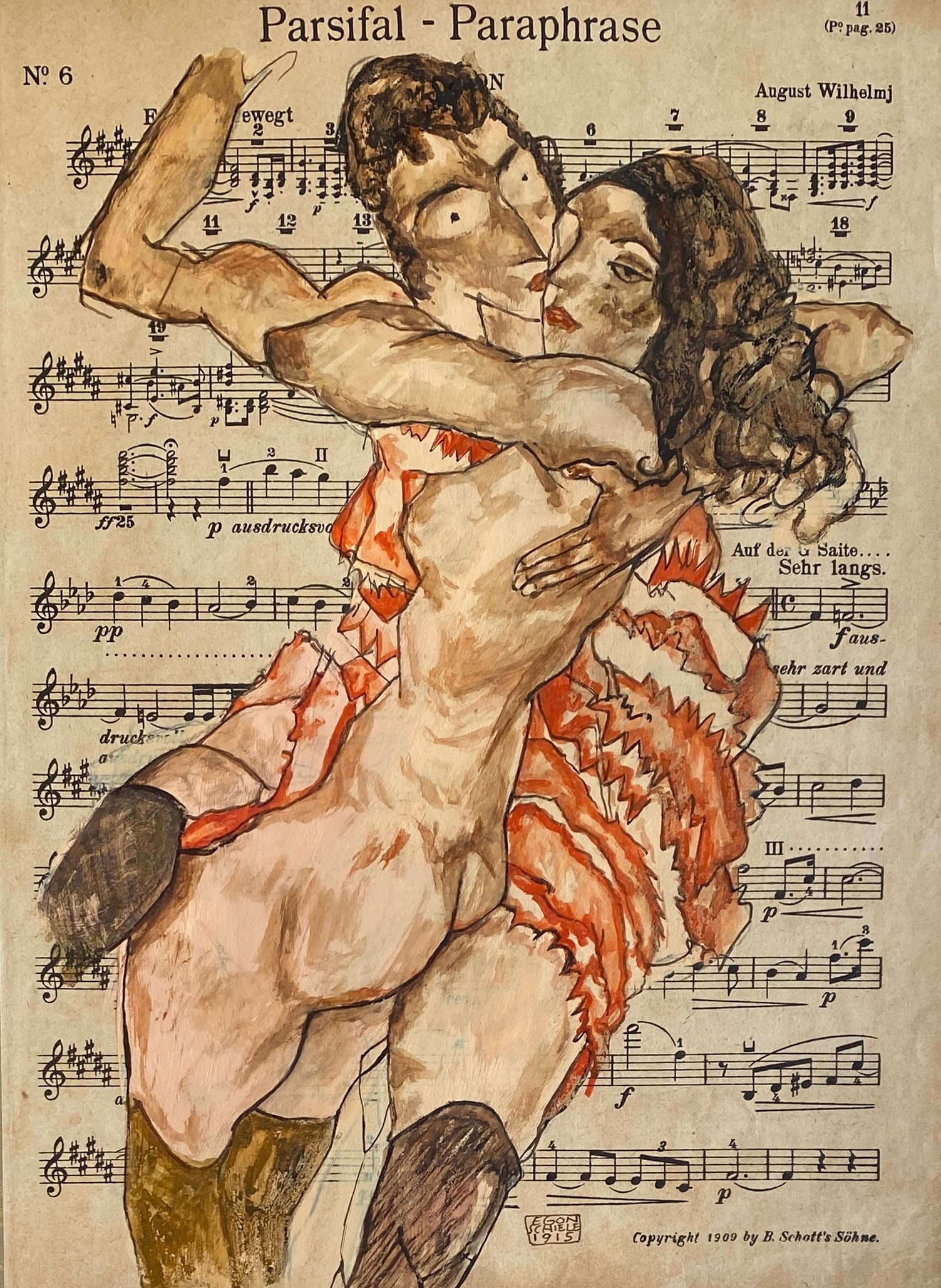Egon Schiele (Mixed Media) (Style Of).: This lot consists of a hand painted Mixed Media on paper in the style of the painter Egon Schiele. Egon Leo Adolf Schiele, better known as Egon Schiele, was a contemporary Austrian painter and printma