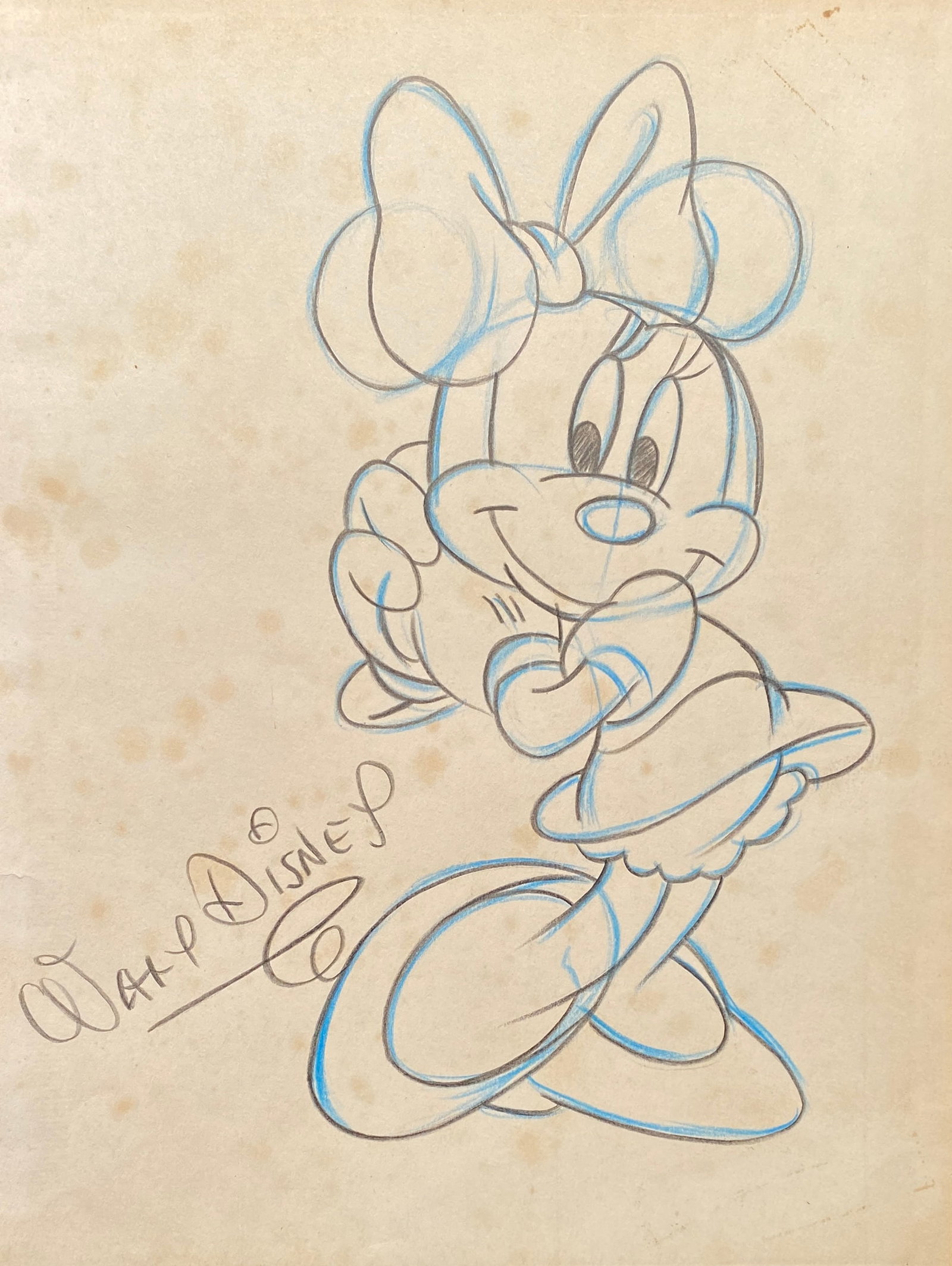 Walt Disney Hand Sketch of Minnie (style of): This lot consists of a hand painted Sketch in the style of the painter Walt Disney. Walter Elias Disney was an American businessman, animator, screenwriter, voice actor and film producer. A pioneer of