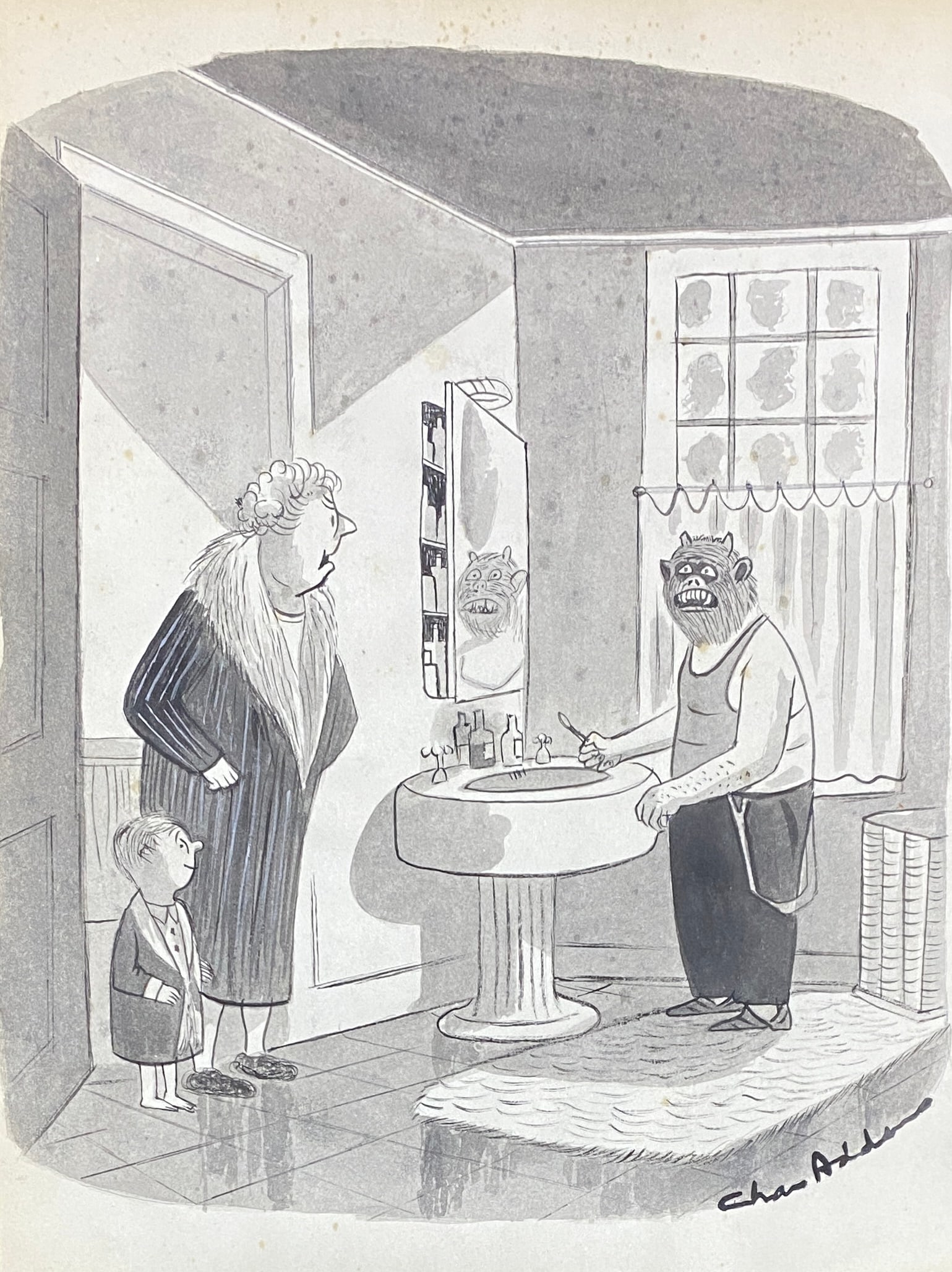ADDAMS, Charles (1912 – 1988) ink and wash illustration (Style Of): This lot consists of a hand painted Ink media on paper in the style of the painter ADDAMS, Charles. Charles Addams cultivated sinister humor and created the darkest and funniest characters in popular 