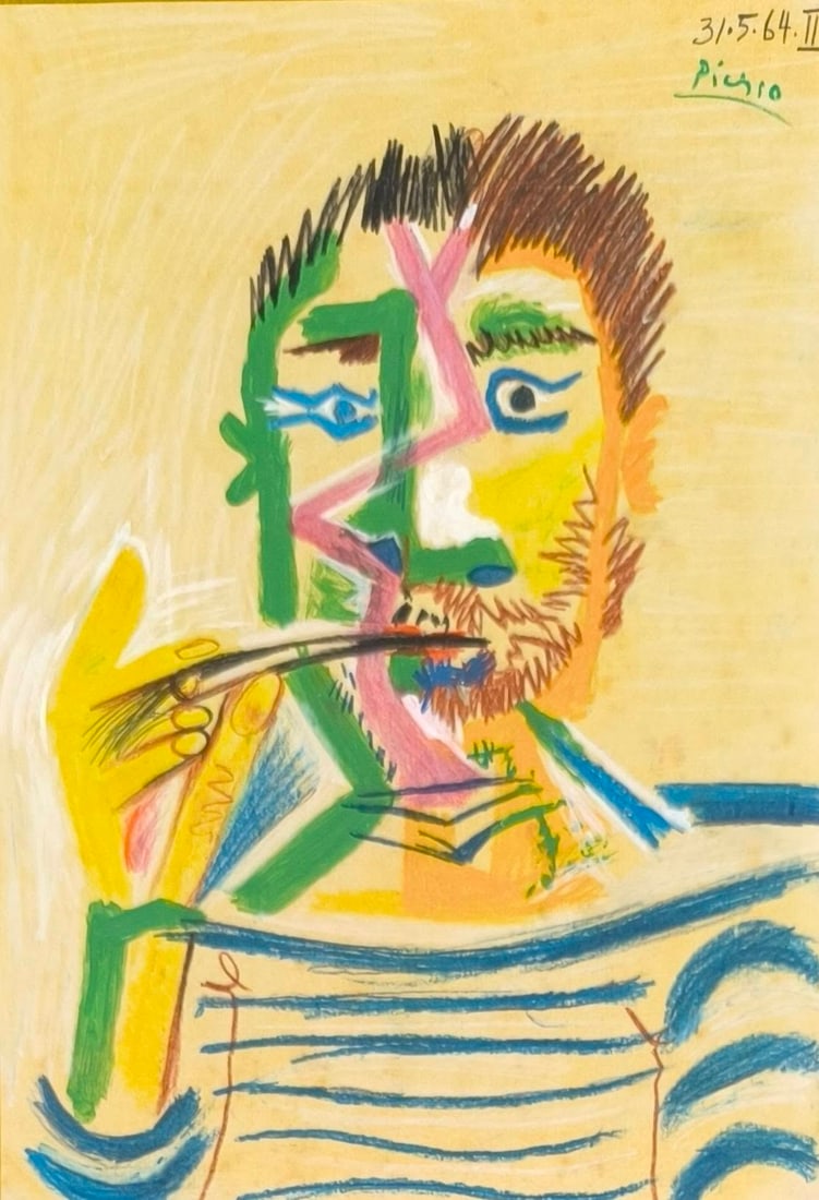 Pablo Picasso (1881-1973) pastel and colored wax crayons on paper (Style Of): This lot consists of a hand painted pastel and colored wax crayons on Paper in the style of the painter Pablo Picasso. Pablo Ruiz Picasso (25 October 1881 – 8 April 1973) was a Spanish painter, scul