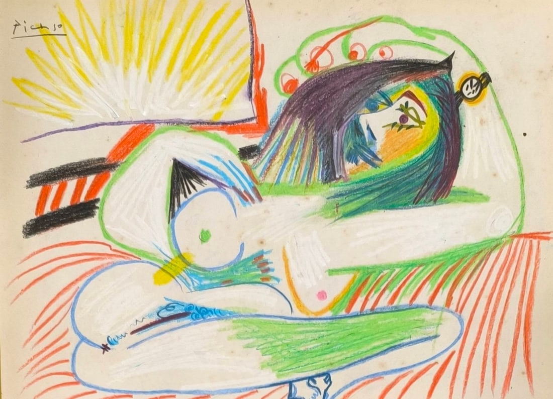 Pablo Picasso (1881-1973) pastel and colored wax crayons on paper (Style Of): This lot consists of a hand painted pastel and colored wax crayons on Paper in the style of the painter Pablo Picasso. Pablo Ruiz Picasso (25 October 1881 – 8 April 1973) was a Spanish painter, scul