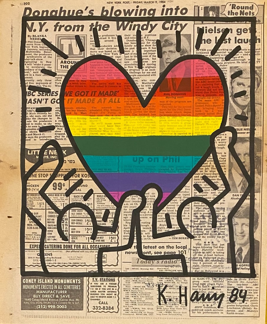Keith Haring New York Newspaper painting 1984 After: This lot consists of a hand painted Marker on Newspaper rendered in the style of the Keith Haring (1958-1990). Keith Allen Haring was an American artist and social activist whose pop art emerged from 
