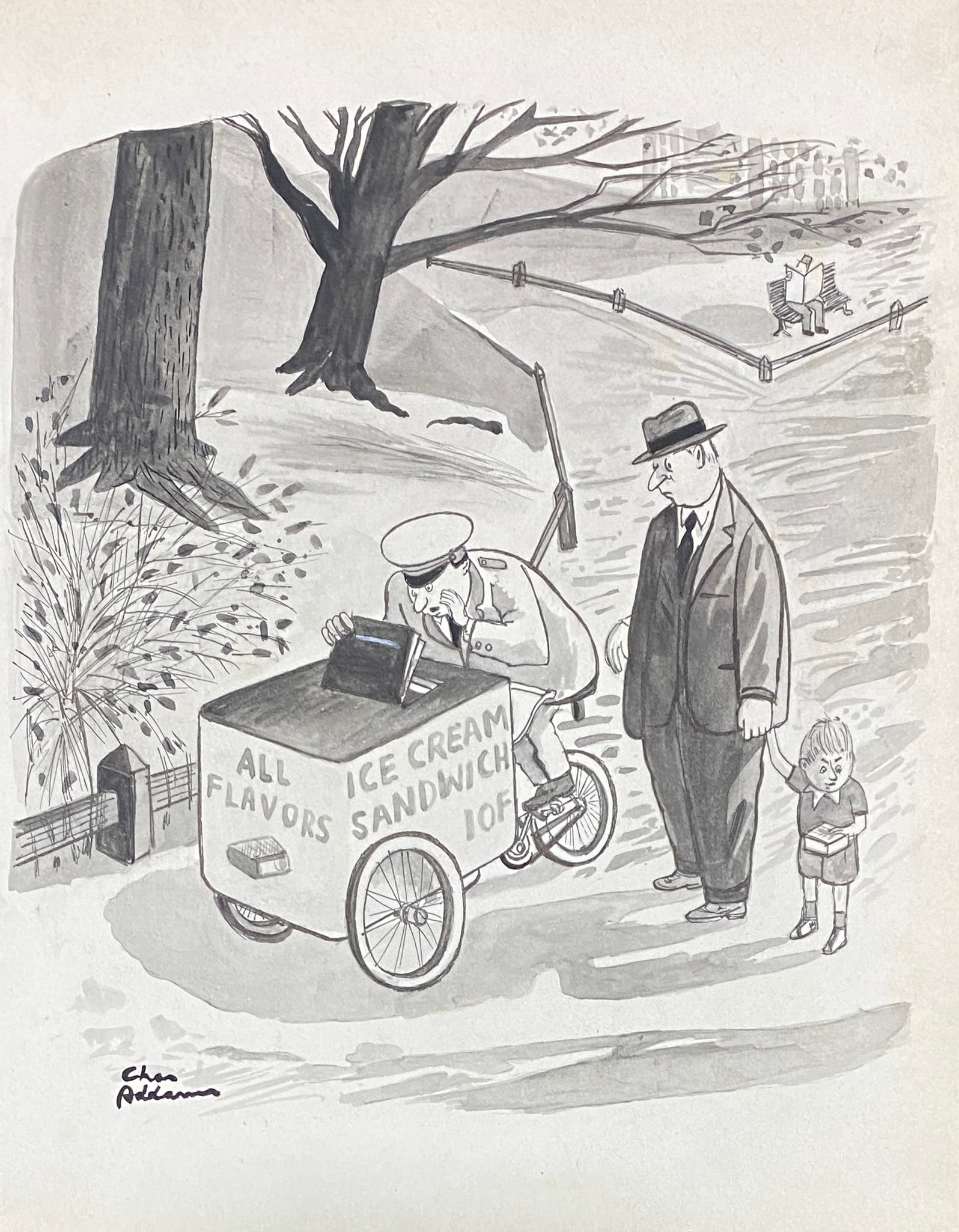 ADDAMS, Charles (1912–1988) ink and wash illustration (Style Of): This lot consists of a hand painted Ink media on paper in the style of the painter ADDAMS, Charles. Charles Addams cultivated sinister humor and created the darkest and funniest characters in popular 