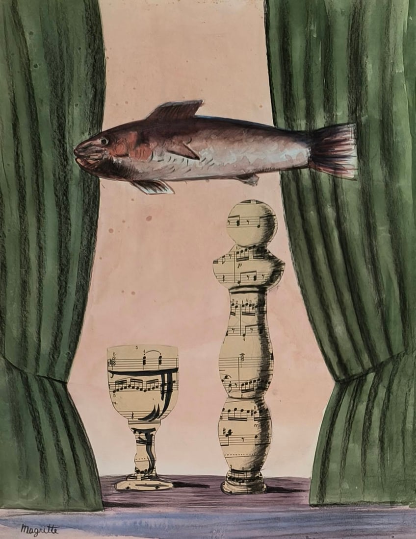 René Magritte, Gouache, Watercolor, Pencil, and Paper Collage on Paper (Style Of) (1 of 2)