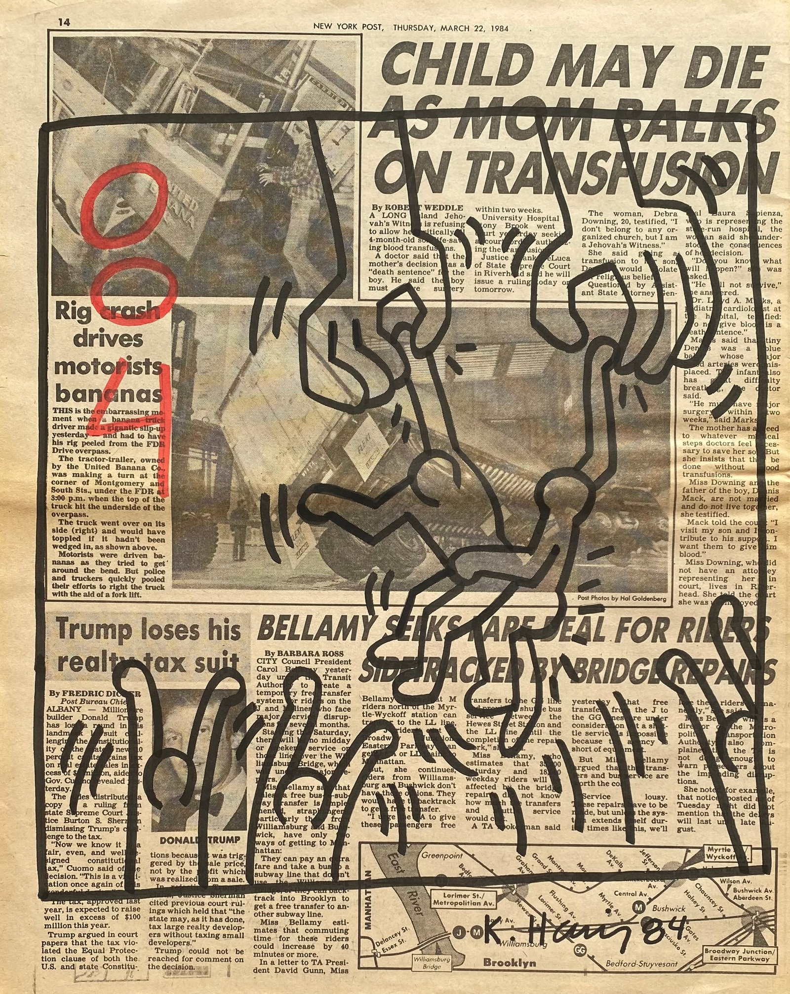 Keith Haring New York Newspaper painting 1984 After: This lot consists of a hand painted Marker on Newspaper rendered in the style of the Keith Haring (1958-1990). Keith Allen Haring was an American artist and social activist whose pop art emerged from 