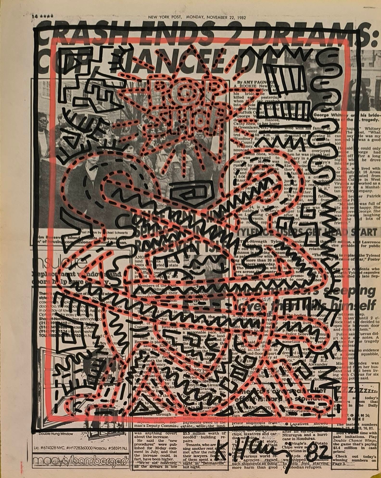 Keith Haring New York Newspaper painting 1982 After: This lot consists of a hand painted Marker on Newspaper rendered in the style of the Keith Haring (1958-1990). Keith Allen Haring was an American artist and social activist whose pop art emerged from 