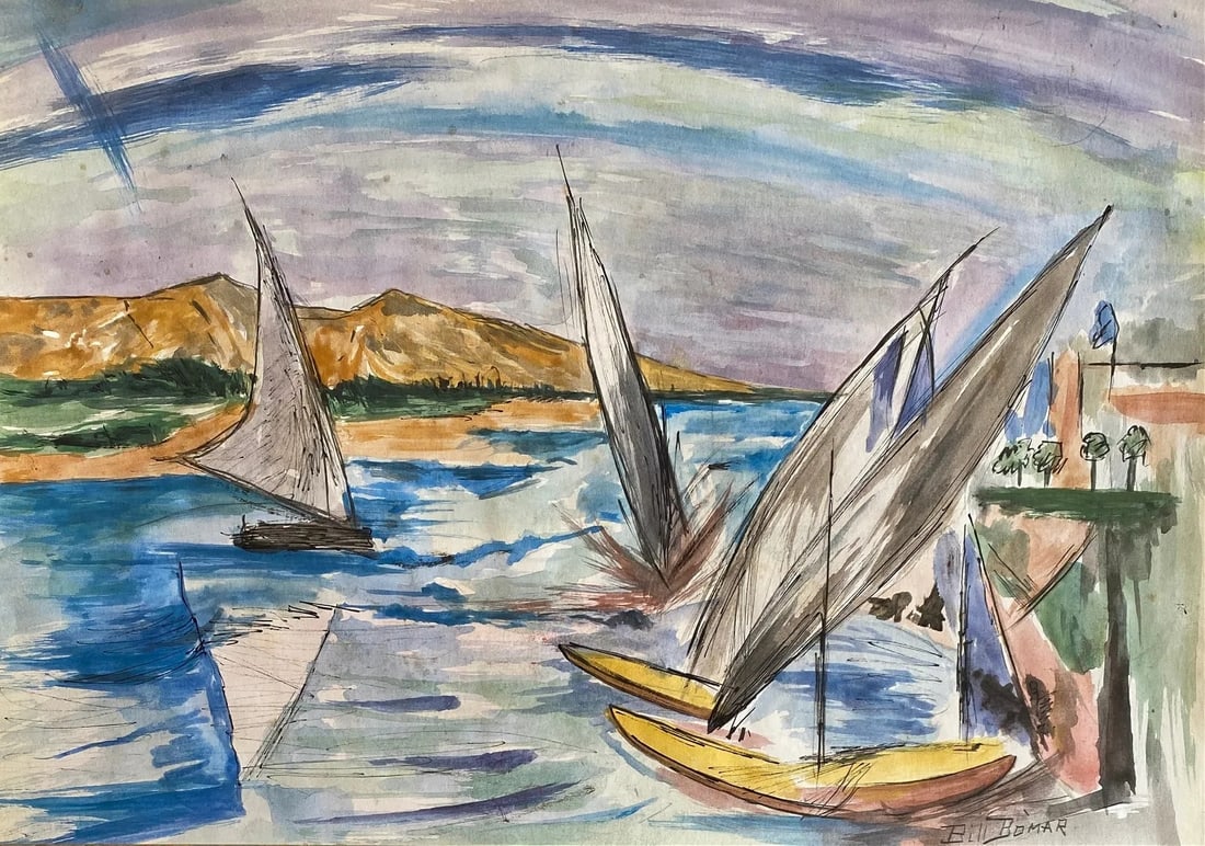 William Purinton Bomar Jr. Gouache On Paper Style Of: This lot consists of a hand painted Gouache on paper in the style of the painter William Purinton Bomar Jr. William Purinton Bomar Jr., known as Bill Bomar, was an American artist and member of the Fo