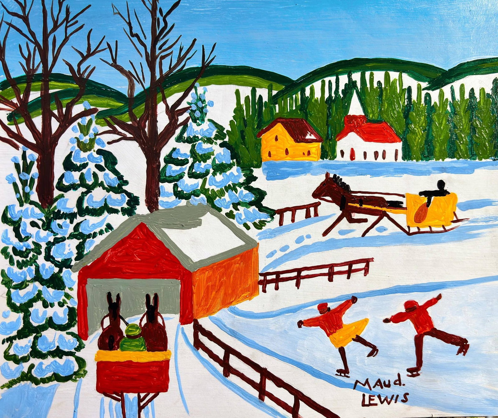 Maud Lewis (Canadian 1903-1970) Mixed media on Paper Style of: This lot consists of a hand painted Ink Watercolor on paper in the style of the painter Chuck Jones.Charles Martin "Chuck" Jones was an American animator, caricaturist, screenwriter, producer and dire