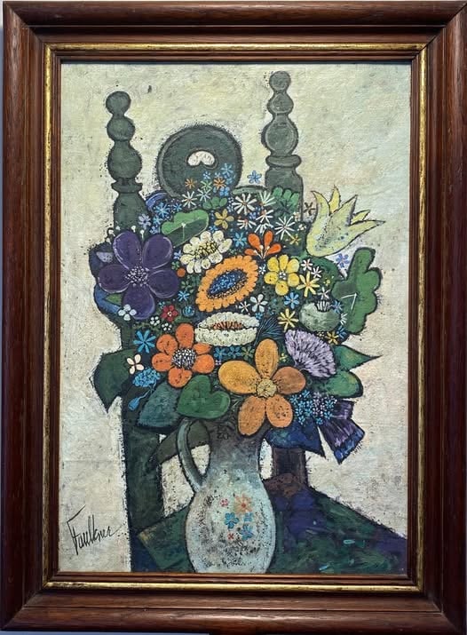 Henry Faulkner Surrealist Painting In the Style of: This lot consists of a hand painted oil on Masonite rendered in style of the Kentucky-born artist and poet Henry Faulkner (1924-1981).Lawrence Faulkner was a Kentucky-born artist and poet known as an 