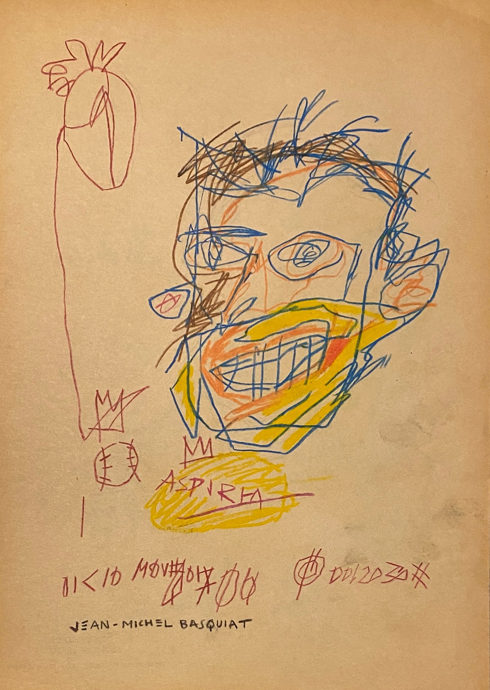 Jean Michel Basquiat American 1960 - 1988 Mixed Media on Paper Painting Haring Pop Art Style Of: This lot consists of a hand painted Mixed Media on paper in the style of the painter Jean-Michel Basquiat.Jean-Michel Basquiat, also known as SAMO, was an American artist of Haitian and Puerto Rican d
