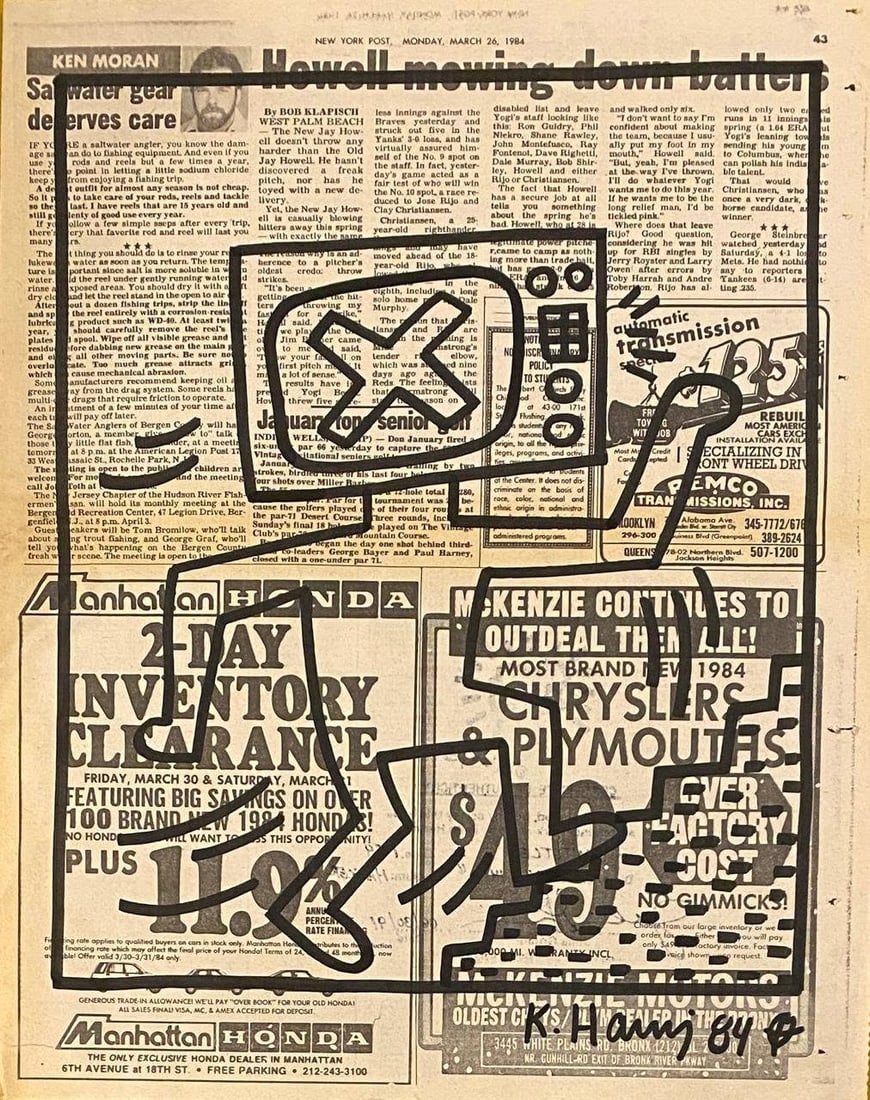 Keith Haring New York Newspaper painting 1982 After: This lot consists of a hand painted Marker on Newspaper rendered in the style of the Keith Haring (1958-1990). Keith Allen Haring was an American artist and social activist whose pop art emerged from 