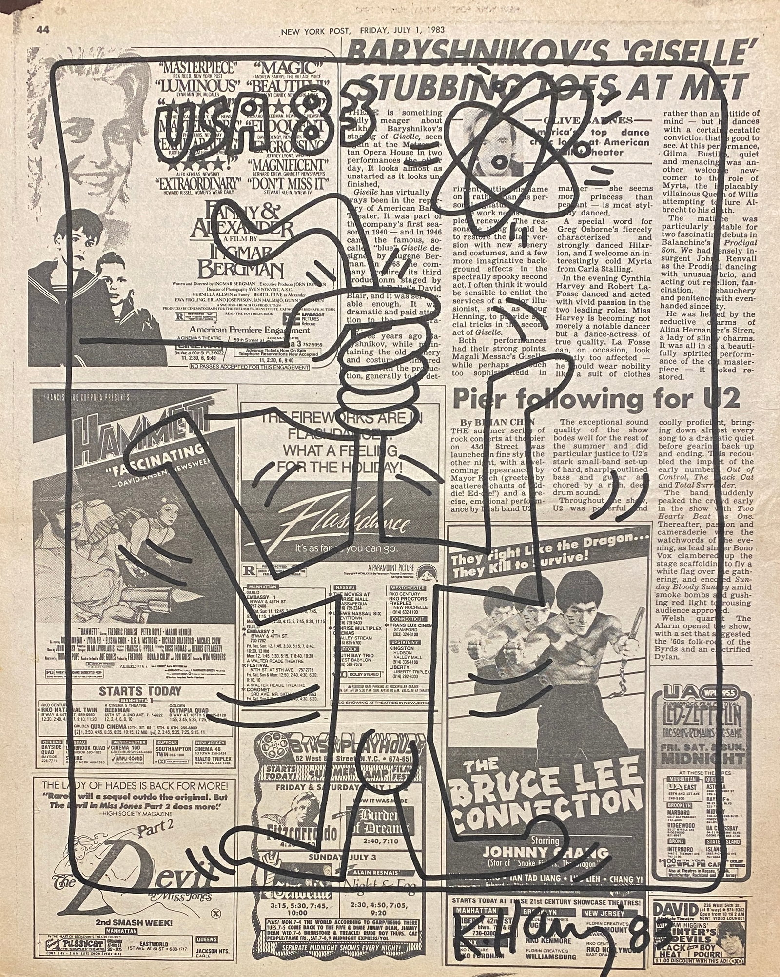 Keith Haring New York Newspaper painting 1983 After: This lot consists of a hand painted Marker on Newspaper rendered in the style of the Keith Haring (1958-1990). Keith Allen Haring was an American artist and social activist whose pop art emerged from 