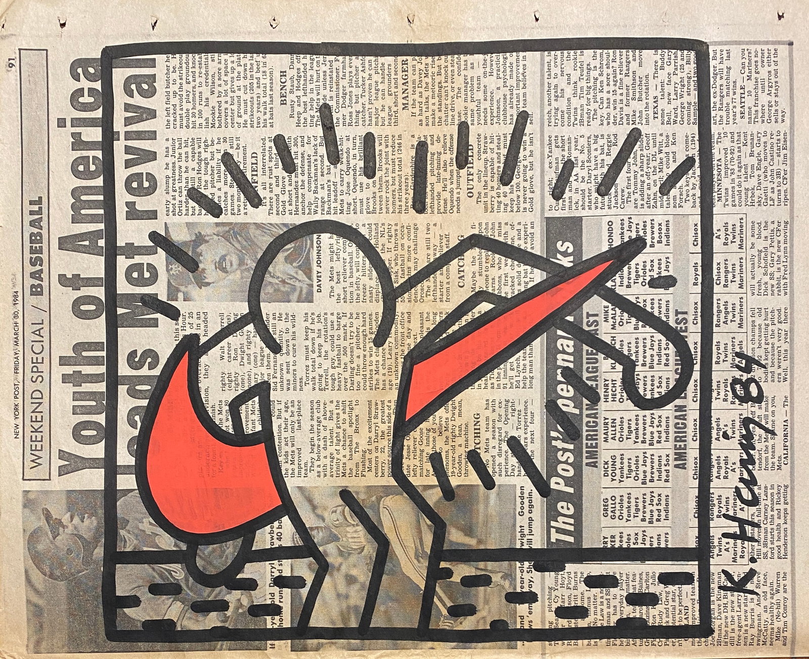 Keith Haring New York Newspaper painting 1984 After: This lot consists of a hand painted Marker on Newspaper rendered in the style of the Keith Haring (1958-1990). Keith Allen Haring was an American artist and social activist whose pop art emerged from 