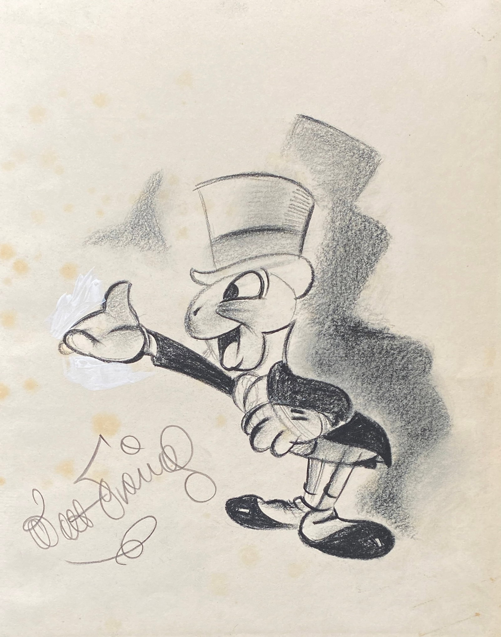 Walt Disney Hand Sketch of Jiminy Cricket (style of): This lot consists of a hand painted Sketch in the style of the painter Walt Disney. Walter Elias Disney was an American businessman, animator, screenwriter, voice actor and film producer. A pioneer of