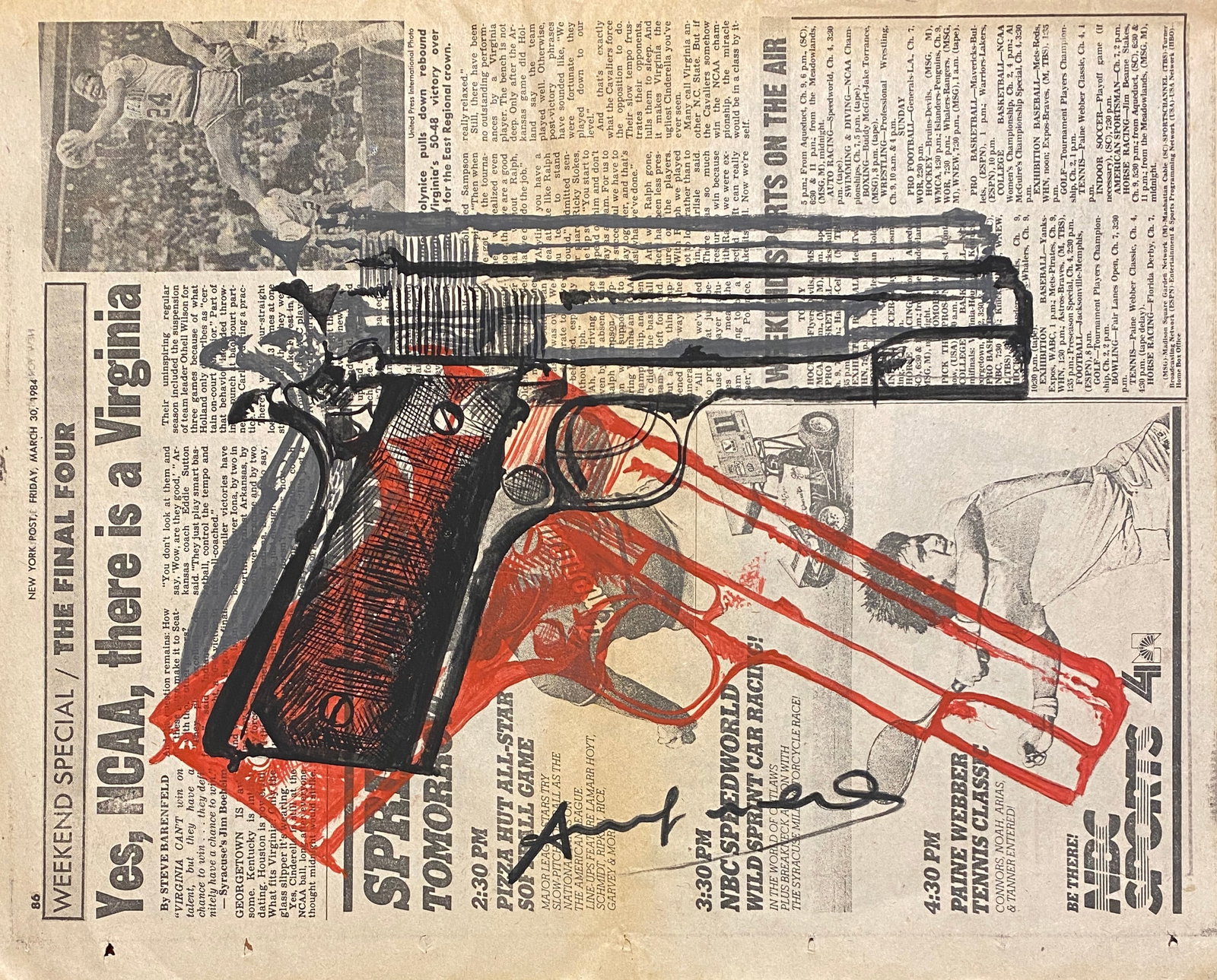 Andy Warhol Drawing on Newspaper After: This lot consists of a Painting on a piece of old newspaper. Dated March 1984 in the style of the painter Andy Warhol.Andy Warhol fue un artista plástico y actor estadounidense que desempeñó un pap