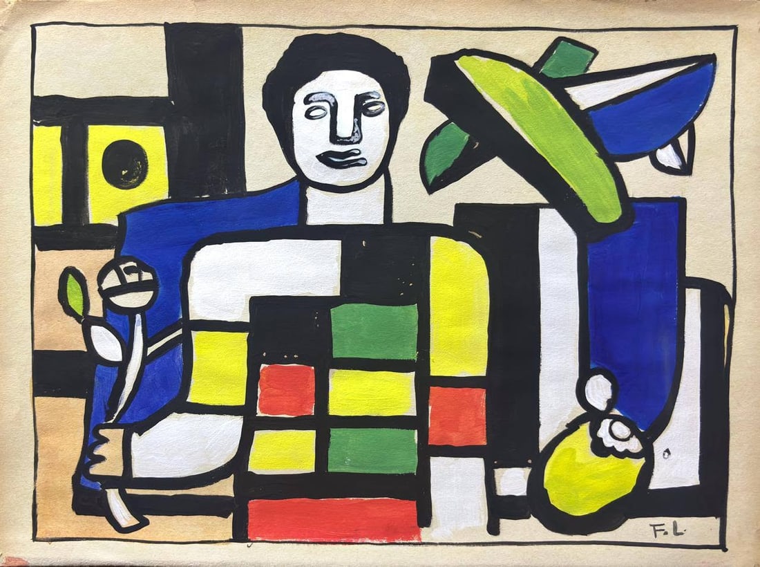Fernand Leger Mixed media on paper (style of): This lot consists of a hand painted Mixed Media on paper in the style of the painter Fernand LEGER. Fernand Léger was a prominent French Cubist painter of the first half of the 20th century. The main