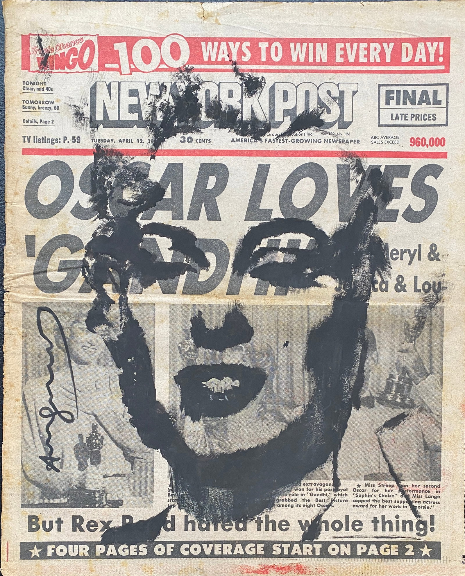 Andy Warhol Drawing on Newspaper After: This lot consists of a Painting on a piece of old newspaper. Dated October 1982 in the style of the painter Andy Warhol.Andy Warhol fue un artista plástico y actor estadounidense que desempeñó un p