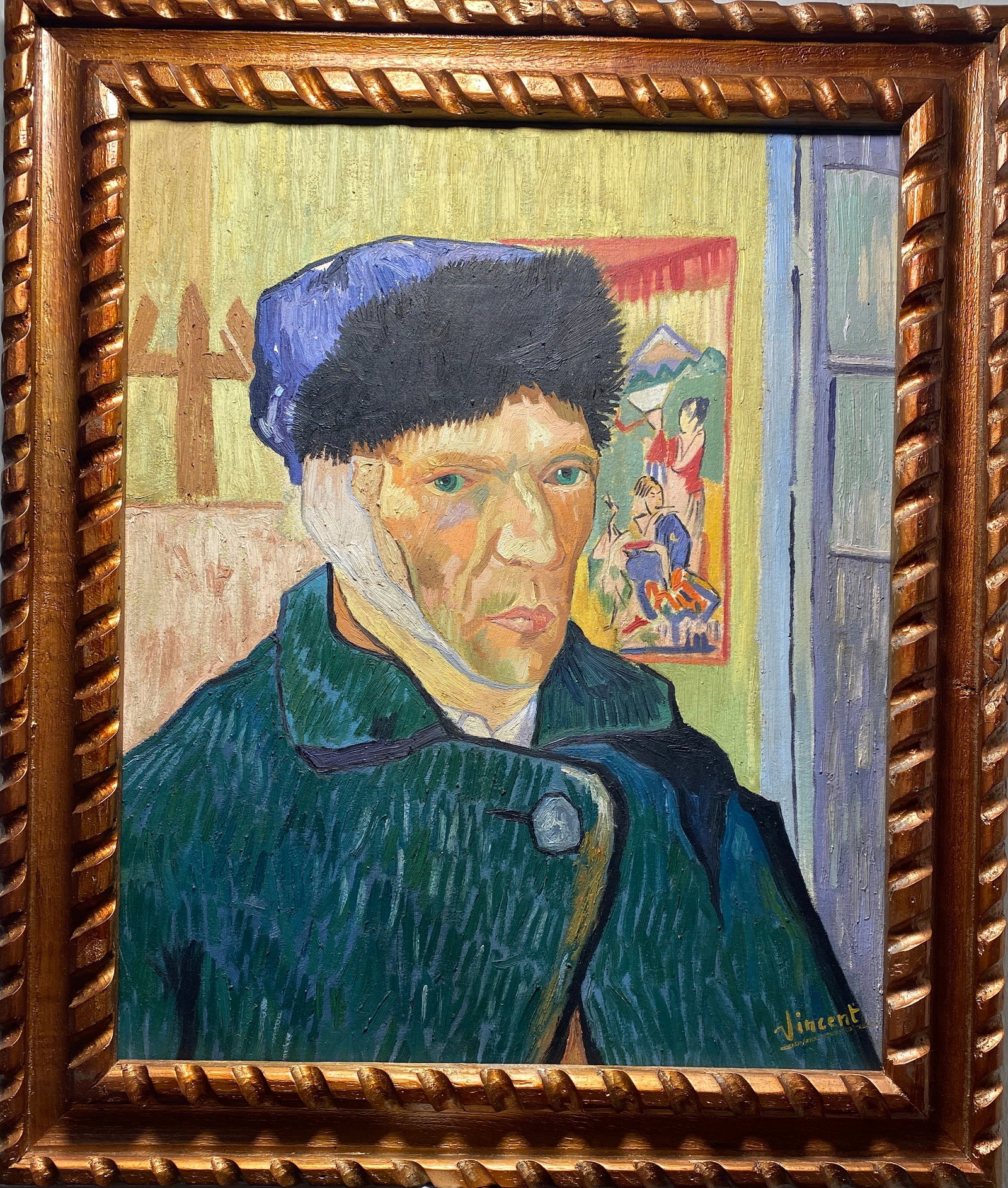 Vincent Van Gogh Dutch 1853-1890 Oil painting on Canvas in the style of.: This lot consists of a hand painted oil Painting on Canvas in the style of the painter Vincent Van Gogh. Vincent Willem van Gogh was a Dutch painter, one of the main exponents of Post-Impressionism. H