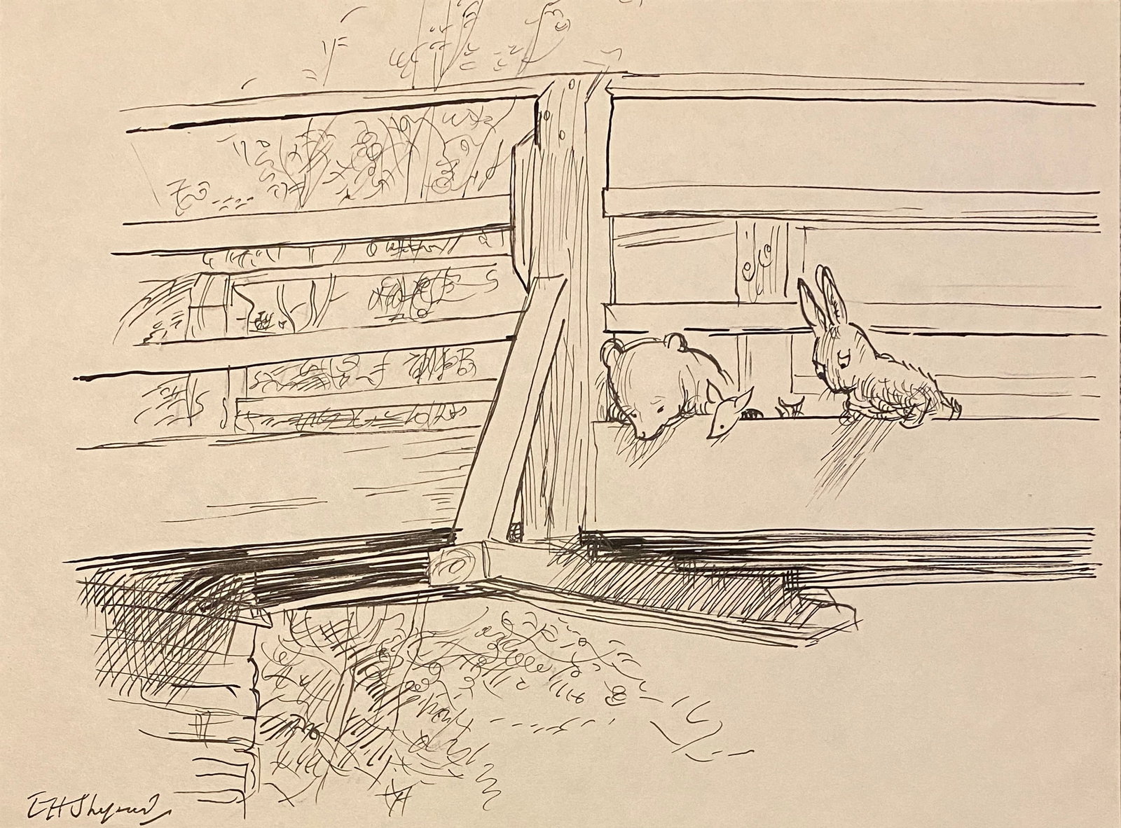 E. H. Shepard English (1879- 1976) Ink (Style of): This lot consists of a hand ink on paper in the style of the painter E. H. Shepard. He is known especially for illustrations of the anthropomorphic animal and soft toy characters in The Wind in the Wi