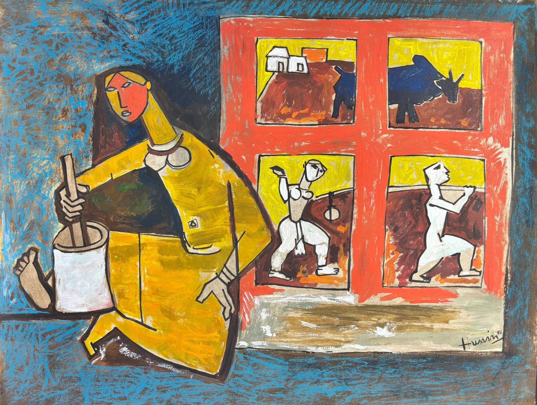 Maqbool Fida Husain Painting (Style of): This lot consists of a hand painted on paper in the style of the painter Maqbool Fida Husain.Maqbool Fida Husain was an Indian painter and filmmaker. In 2005, due to lawsuits against the content of hi