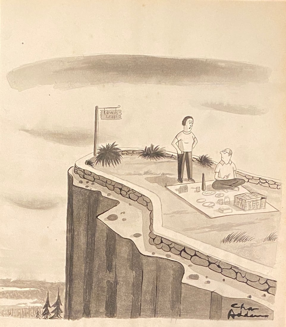 ADDAMS, Charles (1912 – 1988) ink and wash illustration (Style Of): This lot consists of a hand painted Ink media on paper in the style of the painter ADDAMS, Charles. Charles Addams cultivated sinister humor and created the darkest and funniest characters in popular 