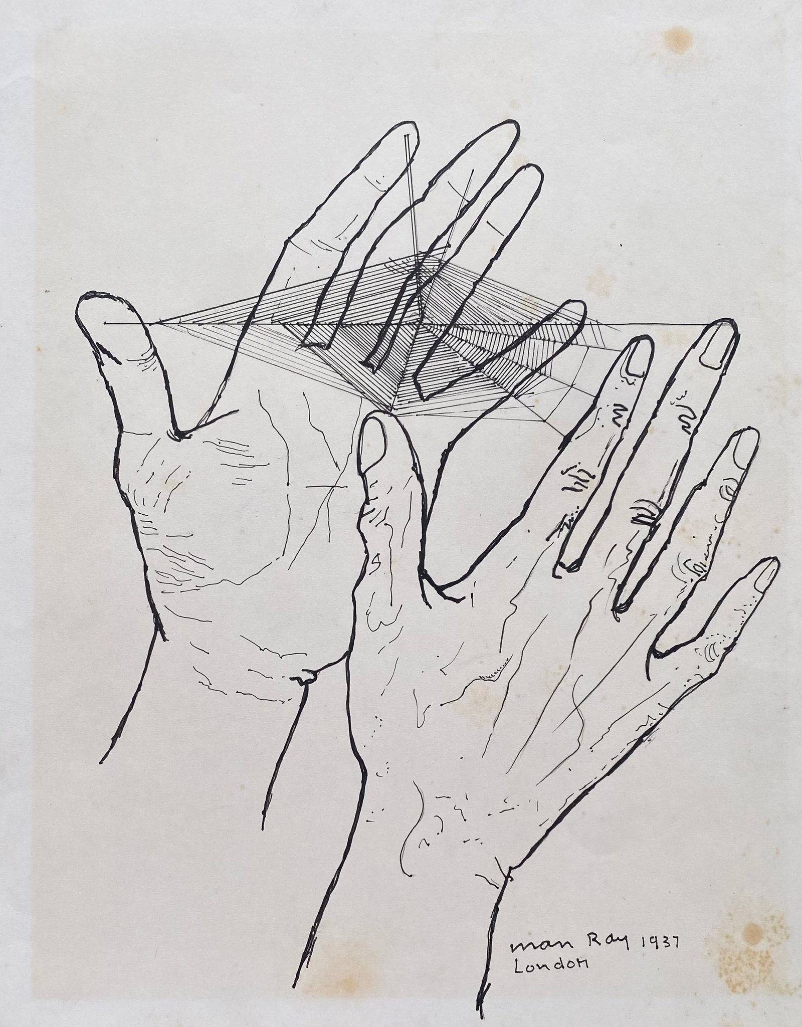 Man Ray Ink on paper Surrealist (Style Of): This lot consists of a hand ink on paper in the style of the painter Man Ray. Man Ray, pseudonym of Emmanuel Radnitzky, was an American visual artist who spent most of his career in Paris. He was a ma