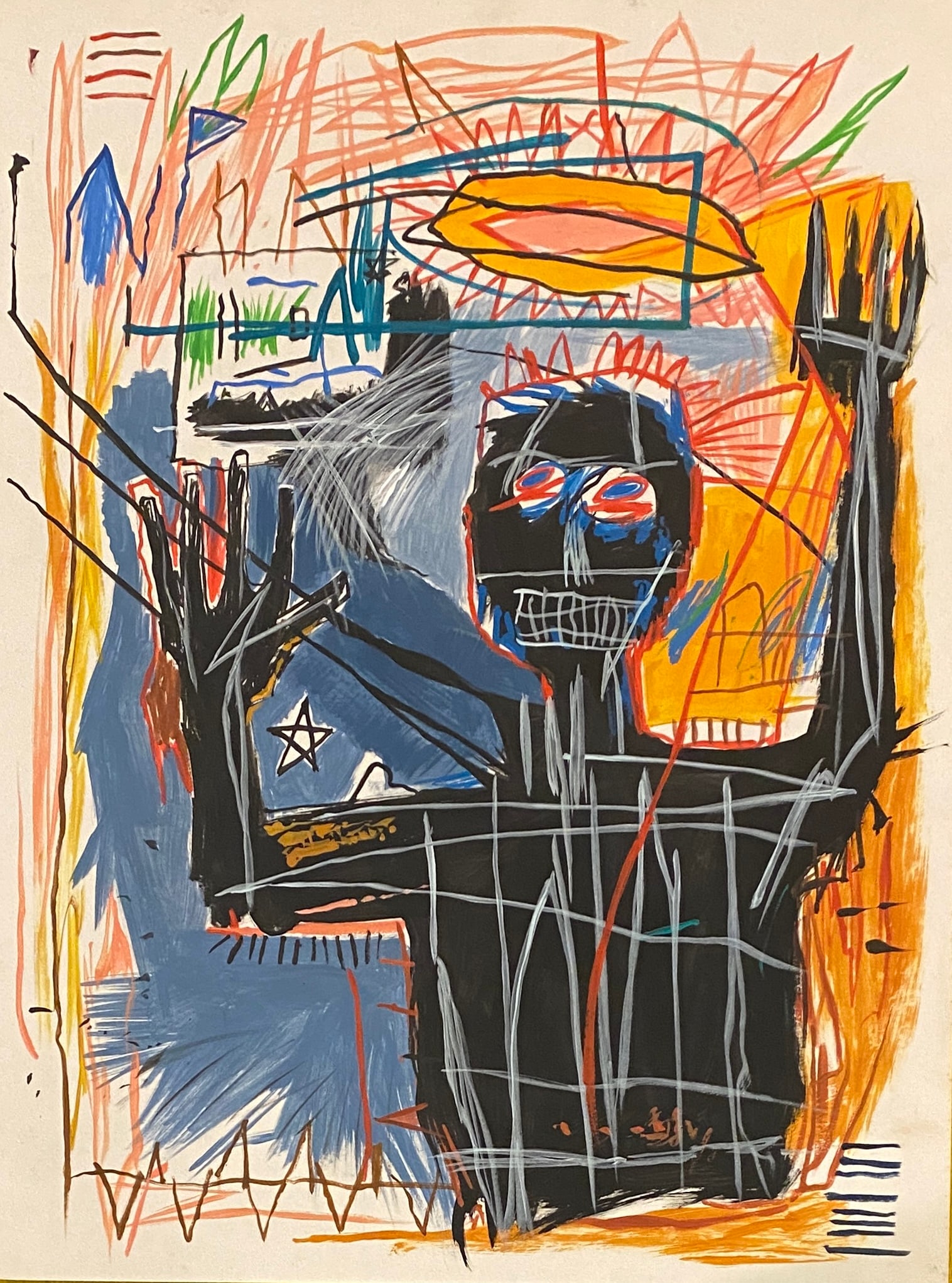 Jean Michel Basquiat American 1960 - 1988 mixed technique on thick Paper Pop Art Style Of: This lot consists of a hand painted mixed technique on Paper in the style of the painter Jean-Michel Basquiat.Jean-Michel Basquiat, also known as SAMO, was an American artist of Haitian and Puerto Ric