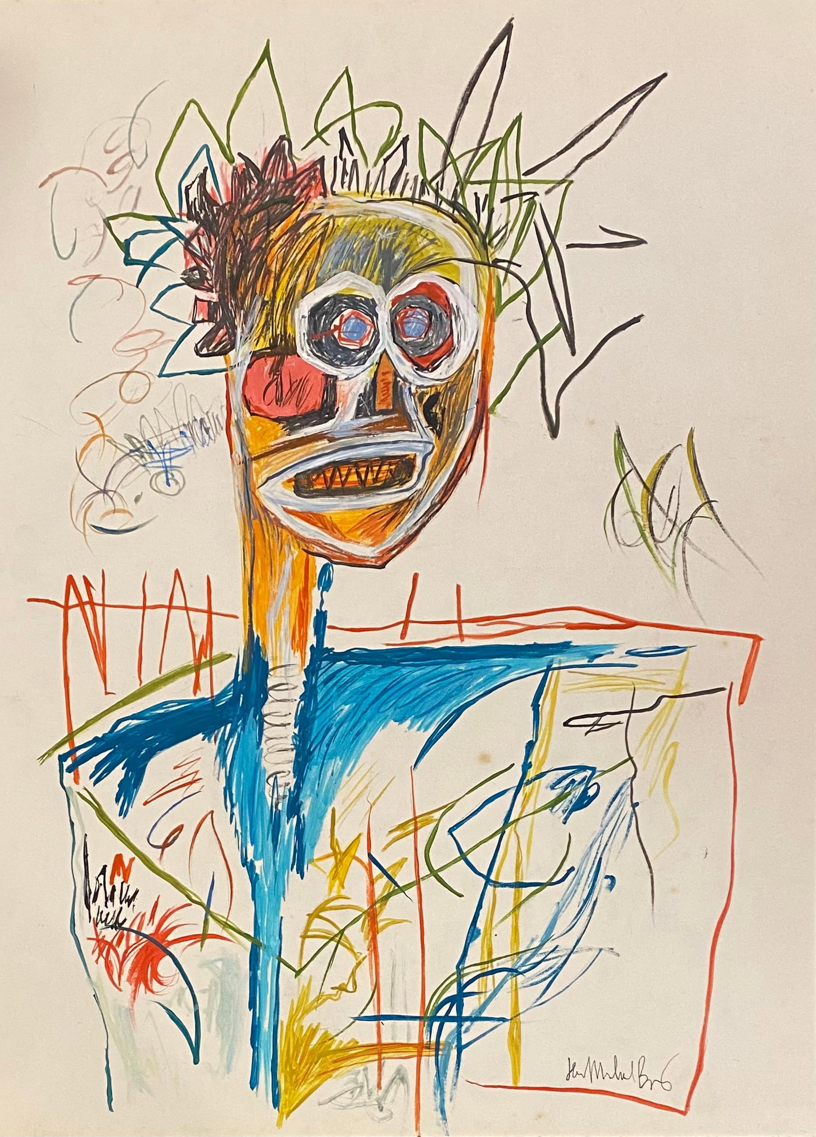 Jean Michel Basquiat American 1960 - 1988 mixed technique on Paper Painting Haring Pop Art Style Of: This lot consists of a hand painted mixed technique on Paper in the style of the painter Jean-Michel Basquiat.Jean-Michel Basquiat, also known as SAMO, was an American artist of Haitian and Puerto Ric