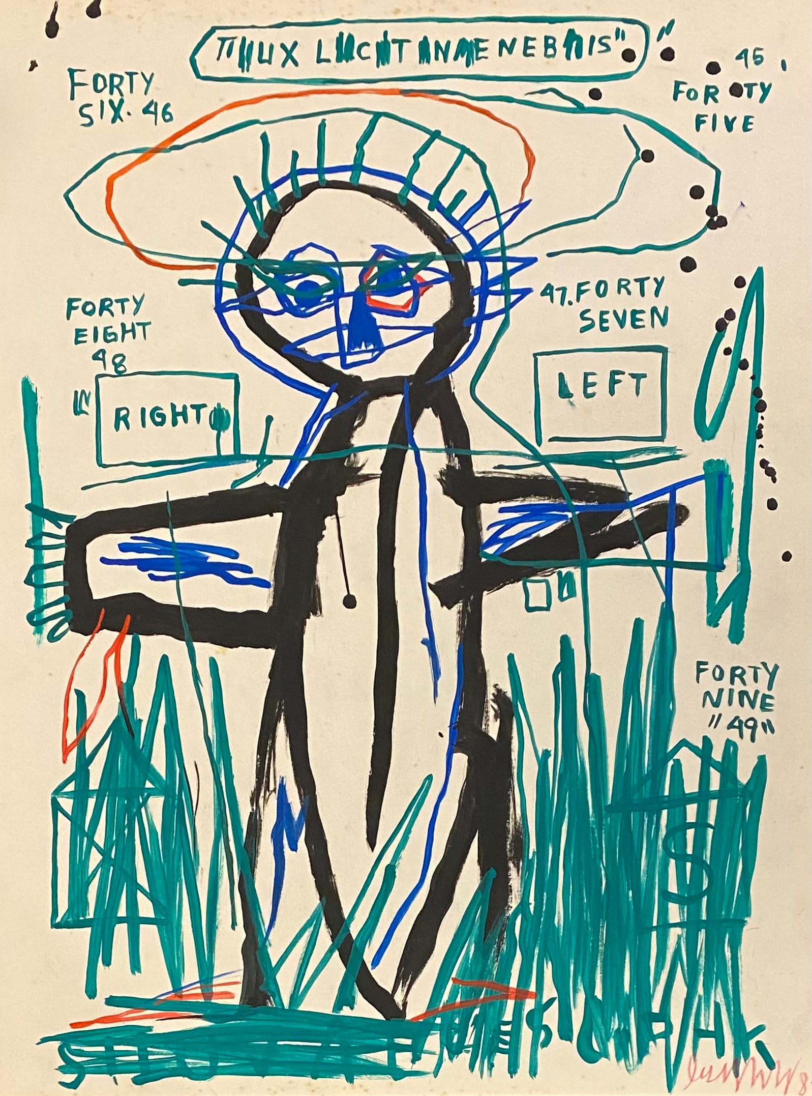 Jean Michel Basquiat American 1960 - 1988 mixed technique on Paper Painting Haring Pop Art Style Of: This lot consists of a hand painted mixed technique on Paper in the style of the painter Jean-Michel Basquiat.Jean-Michel Basquiat, also known as SAMO, was an American artist of Haitian and Puerto Ric