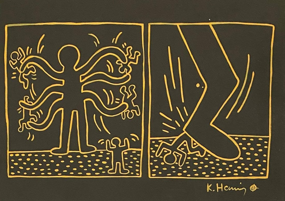 KEITH HARING MARKER ON PAPER STYLE OF: This lot consists of a hand painted drawing on paper in the style of the painter Keith Haring.Keith Allen Haring was an American artist and social activist whose pop art emerged from the New York graf
