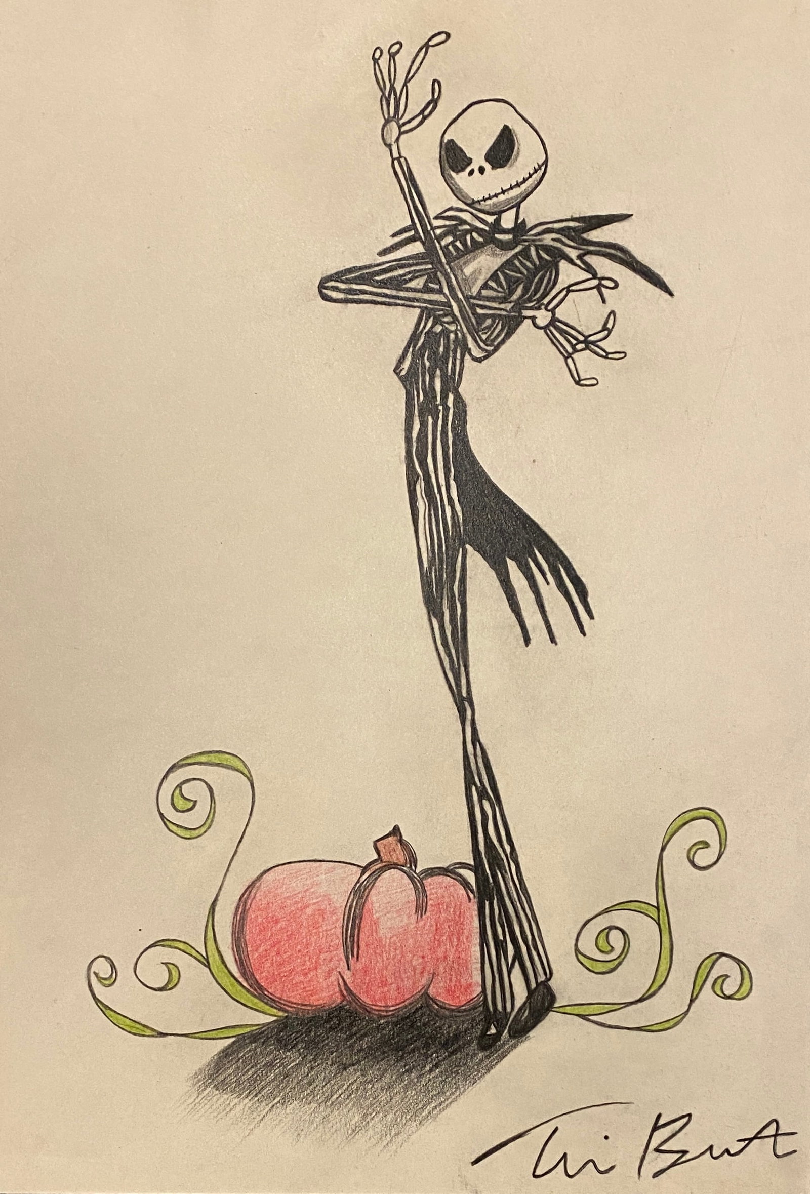 TIM BURTON MIXED MEDIA ON PAPER (Style Of): This lot consists of a hand painted Mixed Media Drawing on paper in the style of the painter TIM BURTON. Timothy Walter "Tim" Burton is an American film director, producer, writer and cartoonist whose
