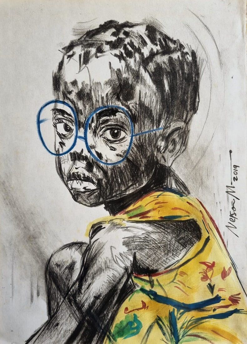 Nelson Makamo Style Of: This lot consists of a hand painted charcoal, pastel, watercolor on paper in the style of the painter Nelson Makamo. Nelson Makamo is a contemporary South African artist known for his charcoal and oil