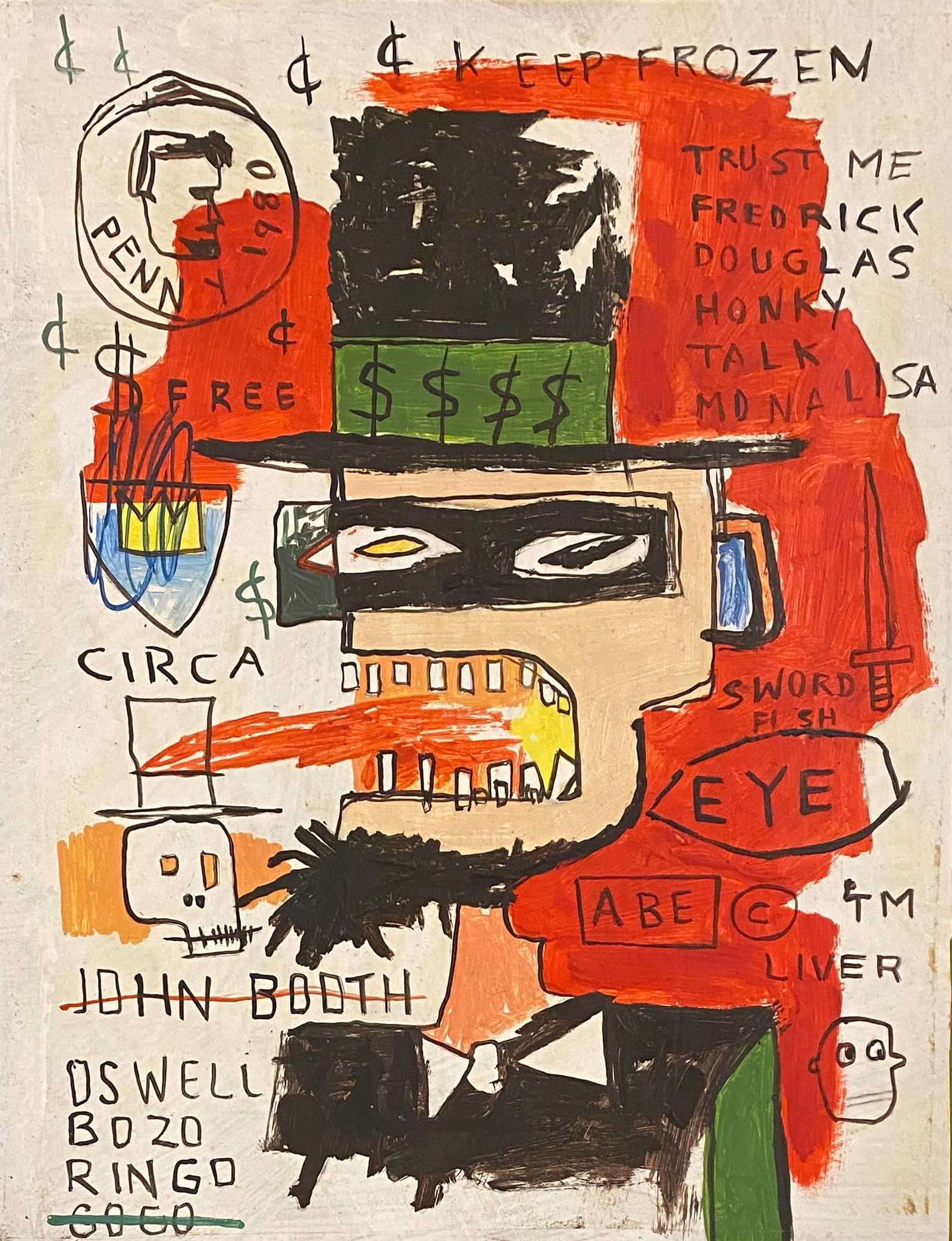 Jean Michel Basquiat American 1960 - 1988 Acrylic on cardboard Painting Haring Pop Art Style Of (1 of 2)