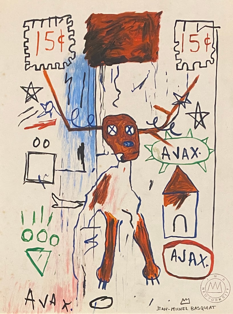 Jean Michel Basquiat American 1960 - 1988 mixed technique on thick Paper Pop Art Style Of: This lot consists of a hand painted mixed technique on Paper in the style of the painter Jean-Michel Basquiat.Jean-Michel Basquiat, also known as SAMO, was an American artist of Haitian and Puerto Ric