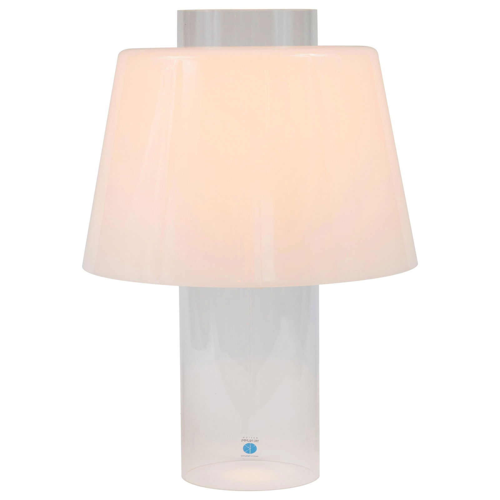 Yki Nummi 'Modern Art' Table Lamp for Innolux Oy: Quantity: 1 Yki Nummi 'Modern Art' table lamp for Innolux Oy. Designed in the 1955 for Stockmann-Orno, Nummi's iconic design is comprised of an opaline white acrylic conical shade that fits atop a cle