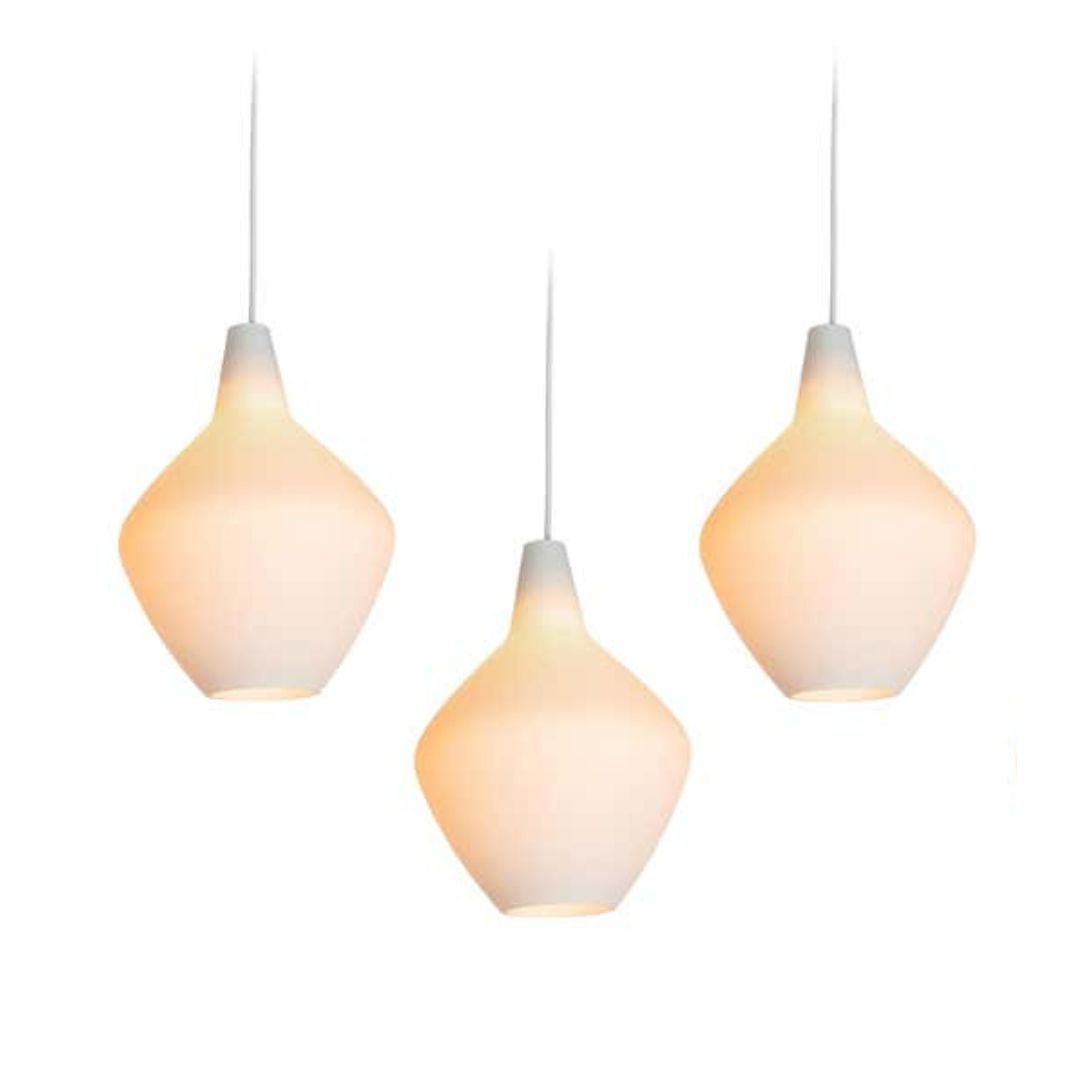Set of 3 Lisa Johansson-Pape Glass 'Onion' Pendants for Innolux: Quantity: 3 Set of 3 Lisa Johansson-Pape glass 'Onion' pendants. Hand blown in thick opaline glass with thick white cloth cord. Authorized re-edition by Innolux Oy, c. 2010s.